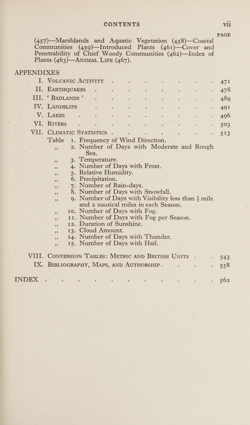 PAGE (457)—Marshlands and Aquatic Vegetation (458)—Coastal Communities (459)—Introduced Plants (461)—Cover and Penetrability of Chief Woody Communities (462)—Index of Plants (463)—ANIMAL LIFE (467). APPENDIXES I. Voucanic ACTIVITY . : ‘ é : =, 47 II. EARTHQUAKES . : : : : : . 478 III. ‘BADLANDS’ _.. ; : : ; . 489 IV. LANDSsLIPs : : : ; : : : 401 V. Lakes ; : ; ‘ ‘ : : . 496 VI. Rivers. : : : : : ; ; 508 VII. Ciimatic STATISTICS . : ; : 7 5is Table 1. Frequency of Wind Direction. ss 2. Number of Days with Moderate and Rough Sea. . Temperature. . Number of Days with Frost. . Relative Humidity. . Precipitation. . Number of Rain-days. . Number of Days with Snowfall. . Number of Days with Visibility less than § mile and 2 nautical miles in each Season. », 10. Number of Days with Fog. 5, 11. Number of Days with Fog per Season. », 12. Duration of Sunshine. 3» 13. Cloud: Amount. 5, 14. Number of Days with Thunder. 5», 15. Number of Days with Hail. 0 CONT DUI BW VIII. CONVERSION TABLES: METRIC AND BRITISH UNITS . 2) a3 IX. BIBLIOGRAPHY, Maps, AND AUTHORSHIP. : : 1) 558 INDEX . : : : : : : a1 '562