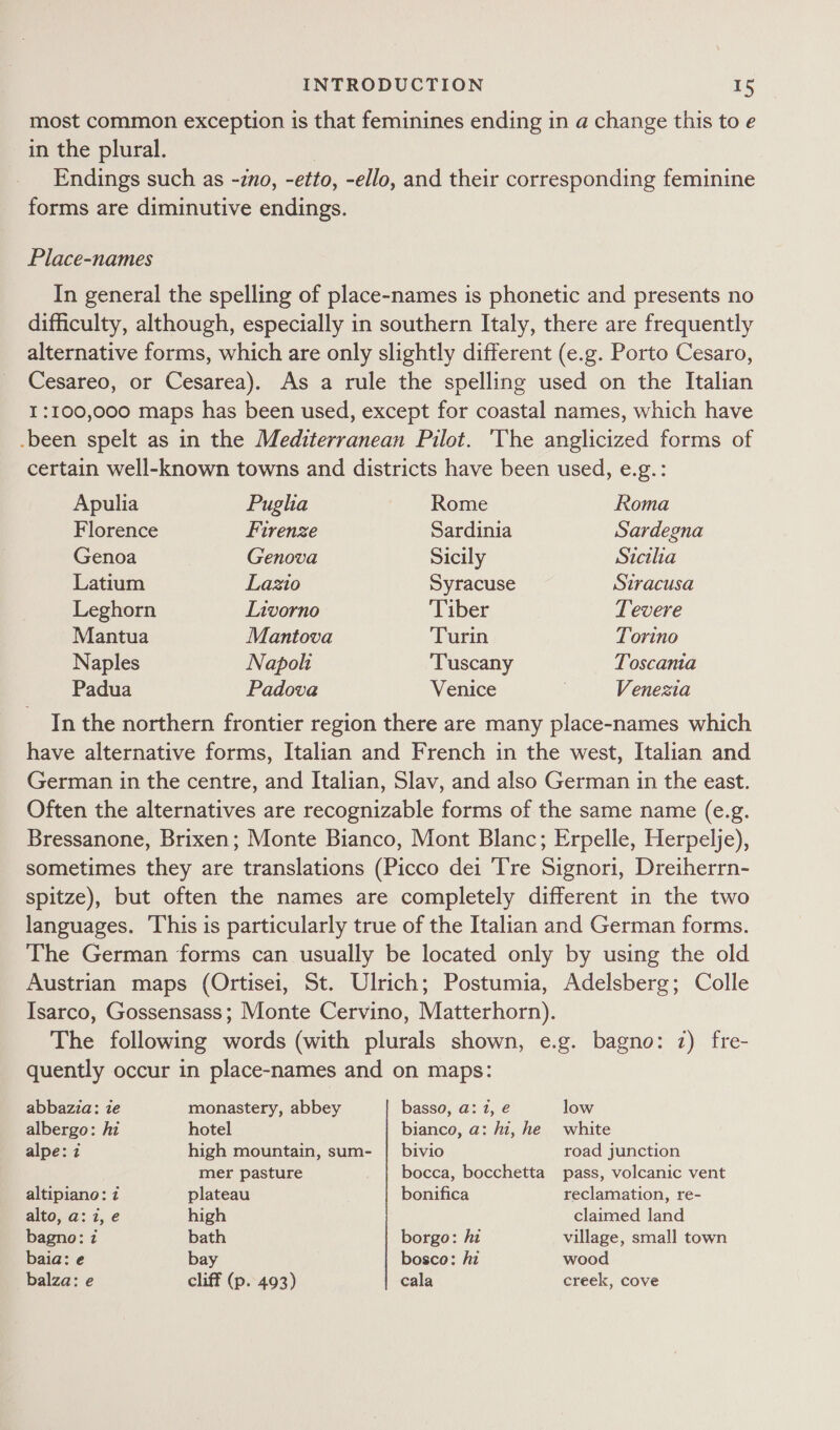 most common exception is that feminines ending in a change this to e in the plural. Endings such as -zno, -etto, -ello, and their corresponding feminine forms are diminutive endings. Place-names In general the spelling of place-names is phonetic and presents no difficulty, although, especially in southern Italy, there are frequently alternative forms, which are only slightly different (e.g. Porto Cesaro, Cesareo, or Cesarea). As a rule the spelling used on the Italian I:100,000 maps has been used, except for coastal names, which have -been spelt as in the Mediterranean Pilot. ‘The anglicized forms of certain well-known towns and districts have been used, e.g.: Apulia Pugha Rome Roma Florence Firenze Sardinia Sardegna Genoa Genova Sicily Sicilia Latium Lazio Syracuse Siracusa Leghorn Livorno Tiber Tevere Mantua Mantova Turin Torino Naples Napoli ‘Tuscany Toscanta Padua Padova Venice | Venezia In the northern frontier region there are many place-names which have alternative forms, Italian and French in the west, Italian and German in the centre, and Italian, Slav, and also German in the east. Often the alternatives are recognizable forms of the same name (e.g. Bressanone, Brixen; Monte Bianco, Mont Blanc; Erpelle, Herpelje), sometimes they are translations (Picco dei Tre Signori, Dreiherrn- spitze), but often the names are completely different in the two languages. ‘This is particularly true of the Italian and German forms. The German forms can usually be located only by using the old Austrian maps (Ortisei, St. Ulrich; Postumia, Adelsberg; Colle Isarco, Gossensass; Monte Cervino, Matterhorn). The following words (with plurals shown, e.g. bagno: 7) fre- quently occur in place-names and on maps: abbazza: ie monastery, abbey basso, @: 1, € low albergo: hi hotel bianco, a: hi, he white alpe: 7 high mountain, sum- | bivio road junction mer pasture bocca, bocchetta pass, volcanic vent altipiano: z plateau bonifica reclamation, re- alto, a: i, e high claimed land bagno: 7 bath borgo: ju village, small town baia: e bay bosco: hz wood balza: e cliff (p. 493) cala creek, cove