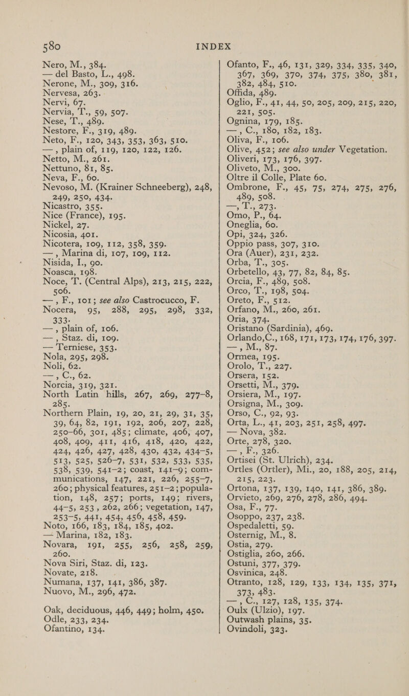 Nero, M., 384. — del Basto, L., 498. Nerone, M., 309, 316. Nervesa, 263. Nervi, 67. Nervia, T., 59, 507. Nese, T., 489. Nestore, F., 319, 489. Neto, F., 120, 343, 353, 363, 510. — , plain of, 119, 120, 122, 126. Netto, M., 261. Nettuno, 81, 85. Neva, F., 60. Nevoso, M. (Krainer Schneeberg), 248, 249, 250, 434. Nicastro, 355. Nice (France), 195. Nickel, 27. Nicosia, 401. Nicotera, 109, 112, 358, 359. — , Marina di, 107, 109, 112. Nisida, I., go. Noasca, 198. ew T. (Central Alps), 213, 215, 222, 506. —,F., 101; see also Castrocucco, F. Nocera, 95, 288, 295, 298, 332, Be —., plain of, 106. — , Staz. di, 109. — Terniese, 353. Nola, 295, 298. Noli, 62 —,C.,, 62. Norcia, 319, 321. Nee Latin hills, 267, 269, 277-8, 285. Northern Plain, 19, 20, 21, 29, 31, 35, 309, 64; 82, 191, -192, 2067 207, 228, 250-66, 301, 485; climate, 406, 407, 408, 409, 411, 416, 418, 420, 422, 424, 426, 427, 428, 430, 432, 434-5, 513, 525, 526-7, 531, 532, 533, 535, 538, 539, 541-23; Coast, 141-9; com- munications, 147, 221, 226, 255-7, 260; physical features, 251-2 ; popula- tion, 148, 257; ports, 149; rivers, 44-5, 253, 262, 266; vegetation, 147, 253-5, 441, 454, 456, 458, 459. Noto, 166, 183, 184, 185, 402. — Marina, 182, 183. Novara, I9I, 255, 260. Nova Siri, Staz. di, 123. Novate, 218. Numana, 137, 141, 386, 387. Nuovo, M., 296, 472. 256, 258, 259, Oak, deciduous, 446, 449; holm, 450. Odle, 233, 234. Ofantino, 134. Ofanto, F., 46, 131, 329, 334, 335, 340, 367, 369, 370, 374, 375, 380, 381, Re cer Offida, 489. Oglio, F., 41, 44, 50, 205, 209, 215, 220, 221, 505. Ognina, 179, 185. —', 'C., £80): 983,183. Oliva, F., 106. Olive, 452; see also under Vegetation. Oliveri, 173, 176, 397. Oliveto, M., 300. Oltre il Colle, Plate 60. Ombrone, F., 45, 75, 274, 275, 276, 489, 508. | ae gy 273+ Omo, P., 64. Oneglia, 60. Opi, 324, 326. Oppio pass, 307, 310. Ora (Auer), 231, 232. Orba, T., 305: Orbetello, 43, 77, 82, 84, 85. Orcia, F., 489, 508. Orco, T'., 198, 504. Oreto, F., 512. Orfano, M., 260, 261. Oria;, 374. Oristano (Sardinia), 469. Orlando,C., 168, 171, 173, 174, 176, 397. — ,M., 87. Ormea, 195. Orolo, T., 227. Orsera, 152. Orsetti, M., 379. Orsiera, M., 197. Orsigna, M., 309. Orso, ‘C.,92} 93; Orta, L:, 41, 203; 251, 259; 407 — Nova, 382. Orte,275, 320: —,F., 326. Ortisei (St. Ulrich), 234. Ortles (Ortler), Mi., 20, 188, 205, 214, 215, 223. Ortona, 137, 139, 140, 141, 386, 389. Orvieto, 269, 276, 278, 286, 494. OsaF.; 77. Osoppo, 237, 238. Ospedaletti, 59. Osternig, M., 8. Ostia, 279. Ostiglia, 260, 266. Ostuni, 377, 379. Osvinica, 248. Otranto, 128, 129, 133, 134) °135; 371s 373, 483. ewes GC. 127, 128, 135, 374- Outwash plains, 35. Ovindoli, 323.