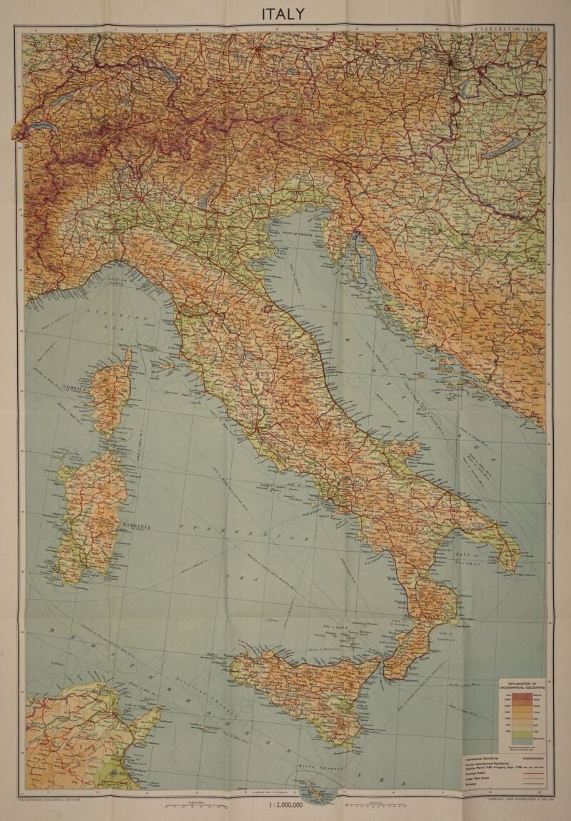           7 CZECHOS LIOVAKIA                  Uratrrincs wer Hoggia GULF o- bac         ontin            Eolie oy Tipaxt.ye    noes EXPLANATION OF : aa ~ |OROGRAPHICAL COLOURING  The Heights engraved on the Map are in English Feat   ~ ies ta we. International Boundaries 5 Former International Boundaries ‘Austria, March 1938—Hungary, Sept. 1938 smu sor soot sum principal Roads Other Main Roads Railways   oo 1 ee 18 19        _ighir     &lt;4 ath, COPYRIGHT - JOHN BARTHOLOMEW &amp; SON, LTD.       13 Longitude East of Greenwich     ms7            = : —== - erent a English Miles J Brg ines, — eS we mrs &gt; G weco Peet ———&lt;——— ee ———— SER Sr EER Ran set ecntcmne ares 5 | : 2,000,000 = SC we ie “THE EDINBURGH GEOGRAPHICAL INSTITUTE   Kilometres