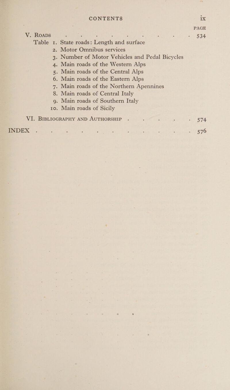 V. Roaps 5 : ; ; : Table 1. State roads: Length and surface . Motor Omnibus services . Number of Motor Vehicles and Pedal Bicycles . Main roads of the Western Alps . Main roads of the Central Alps . Main roads of the Eastern Alps . Main roads of the Northern Apennines . Main roads of Central Italy . Main roads of Southern Italy . Main roads of Sicily 00 ON An BW N - VI. BIBLIOGRAPHY AND AUTHORSHIP INDEX PAGE 534 574 576