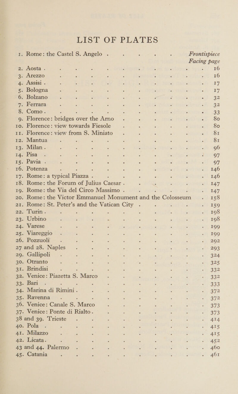 27 38 43 Ont AM WN LIST OF PLATES . Rome: the Castel S. Angelo . A : : ‘ Frontispiece cane page . Aosta . d 16 . Arezzo 16 . Assisi . a7 Bologna £7 . Bolzano 32 . Ferrara 32 . Como. 33 Florence: Beiicea over fie Wend 80 Florence: view towards Fiesole 80 Florence: view from S. Miniato 81 Mantua 81 Milan . 96 Pisa 97 Pavia . 97 Potenza ‘ 146 Rome: a typical Pees F ‘ 146 Rome: the Forum of Julius Caesar . 147 Rome: the Via del Circo Massimo . 147 Rome: the Victor Emmanuel Monument and tie Gilomvaid 158 Rome: St. Peter’s and the Vatican City 159 Turin . : : 198 Urbino 198 Varese 199 Viareggio 199 Pozzuolr 292 and 28. Naples 293 Gallipoli 324. Otranto 325 Brindisi 232 Venice: Piazetta S. Marco 332 Bari 233 Marina di Rimini . B72 Ravenna B72 Venice: Canale S. Wess 373 Venice: Ponte di Rialto. 273 and 39. Trieste 414 Pola 415 Milazzo A415 Licata. 452 and 44. Palermo 460 461