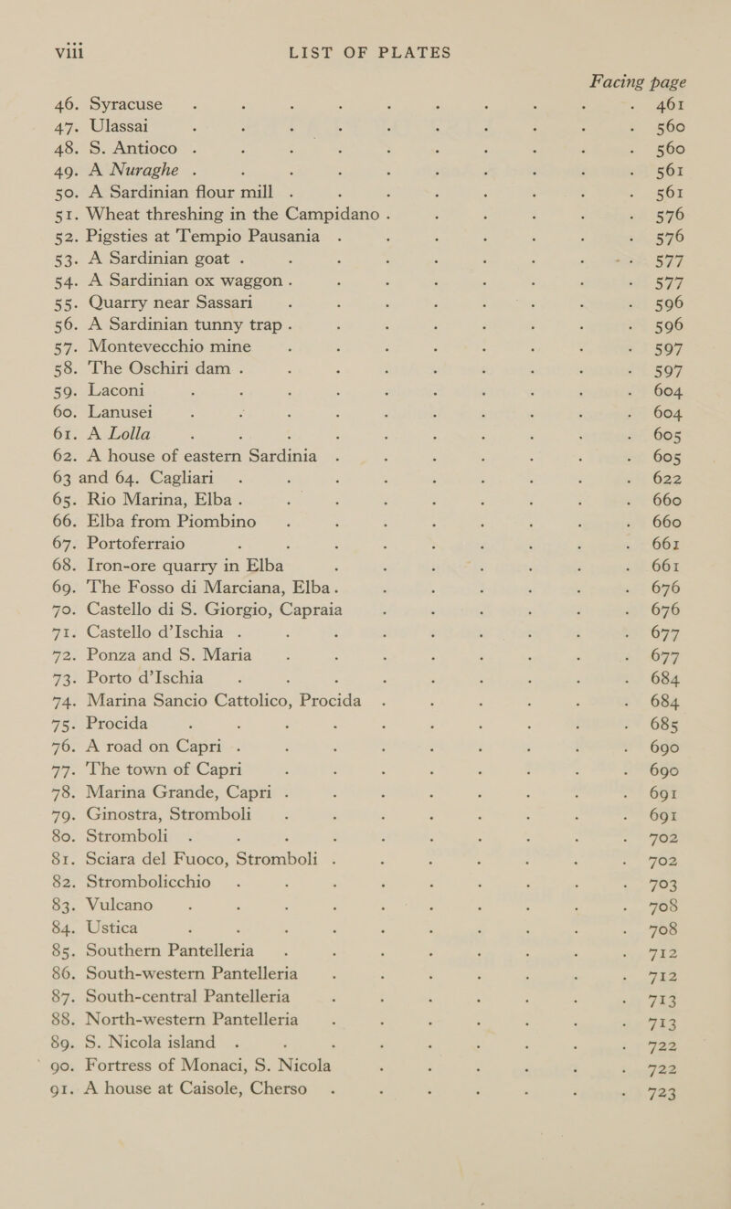 Facing page 46. Syracuse . ‘ : : ' : ; ; é ~ Bort 47. Ulassai , : : : : : : : : . 560 48. S. Antioco . ae : . §60 49. A Nuraghe . : ; : ; 7 ‘ ; io: 56% 50. A Sardinian flour mill . ‘ : : : ‘ . “S62 51. Wheat threshing in the anu | ‘ 5 : . af 396 52. Pigsties at Tempio Pausania . : : ; : : +? 396 53. A Sardinian goat . ; , : ; : 5, a REF 54. A Sardinian ox waggon . ; ; ; : ; : oft sey 55. Quarry near Sassari ; : ‘ : nes é ot) 596 56. A Sardinian tunny trap . ; : : é : 5 = $06 57. Montevecchio mine ‘ ; : 3 : ; : 7) 507 58. The Oschiri dam . : . ; . ‘ , ; iif 507 59. Laconi ' : , ; ‘ : , ; ; . 604 60. Lanusei : : : : ; ; ‘ : 5 *= 604 61. A Lolla . : : : : : : : a* 005 62. A house of eastern Suis : : x : 3 ‘ - 605 63 and 64. Cagliari . : : ; , : ; ; st 622 65. Rio Marina, Elba . eae: . : . { ; - 660 66. Elba from Piombino . i : : ; ; : . 660 67. Portoferraio : : : S , é . =~ 663 68. Iron-ore quarry in Elba ‘ : ii ibs ; . 66% 69. ‘The Fosso di Marciana, Elba. : 4 F ; ‘ &gt;! 636 70. Castello di S. Giorgio, Capraia ; : : . : . 676 471. Castello. d’ Ischia’ . : i ; é 3 ‘ ‘ ss) OFZ 72. Ponza and S. Maria : : : ‘ : : . » 679 73. Porto d’Ischia ; ; : ; : ‘ : . 684 74. Marina Sancio Cattolico, Procida : ; ; ; , a” 664 75. Procida , : : : : ; : : : -* 685 76. A road on Capri . F : : é é : t . 690 77. ‘The town of Capri : : : : : , ; : 696 78. Marina Grande, Capri . ; ‘ , F ; ; *! 66% 79. Ginostra, Stromboli 2 5 ; ‘ ‘ : : . 691 80. Stromboli . ‘ ; : : . : : - om 81. Sciara del Fuoco, Seeaaboll : : : : : ; ae 82. Strombolicchio . . : ; ; ; ; : . 4s 83. Vulcano : ; Te : . . os 84. Ustica : , : : 5 . .. Ee 85. Southern Pinbeliens ; . ; : ' 5 ue FEE 86. South-western Pantelleria i ‘ ; : , .- Fas 87. South-central Pantelleria ; : : ‘ : : cae Sie 88. North-western Pantelleria : : : ; : : ae Pe 89. S. Nicola island . ‘ : : ; . : ; ; © Yee ‘ go. Fortress of Monaci, S. Nicola . : ; , ; bin ae gt. A house at Caisole, Cherso . ‘ ‘ : R : a 72g