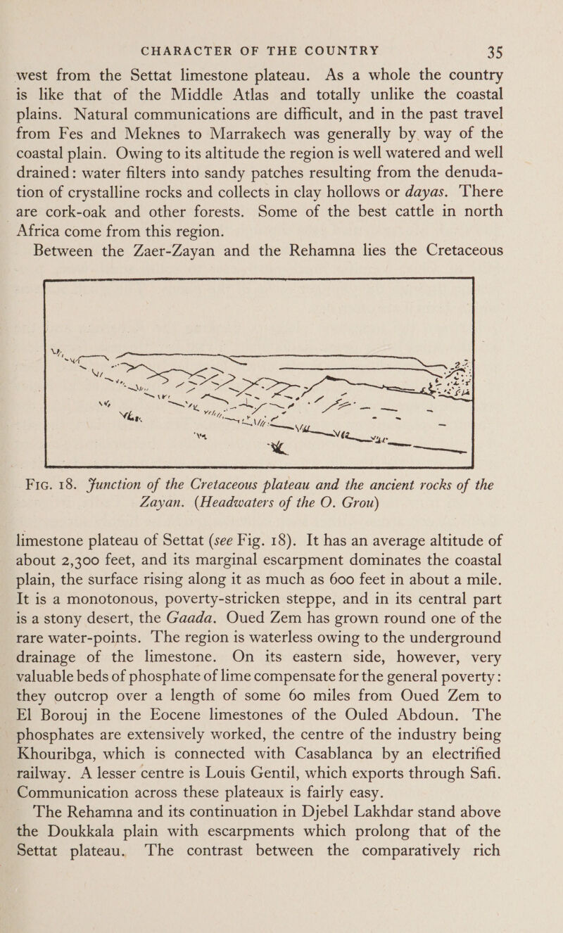 west from the Settat limestone plateau. As a whole the country is like that of the Middle Atlas and totally unlike the coastal plains. Natural communications are difficult, and in the past travel from Fes and Meknes to Marrakech was generally by. way of the coastal plain. Owing to its altitude the region is well watered and well drained: water filters into sandy patches resulting from the denuda- tion of crystalline rocks and collects in clay hollows or dayas. There _are cork-oak and other forests. Some of the best cattle in north Africa come from this region. Between the Zaer-Zayan and the Rehamna lies the Cretaceous  Fic. 18. Function of the Cretaceous plateau and the ancient rocks of the Zayan. (Headwaters of the O. Grou) limestone plateau of Settat (see Fig. 18). It has an average altitude of about 2,300 feet, and its marginal escarpment dominates the coastal plain, the surface rising along it as much as 600 feet in about a mile. It is a monotonous, poverty-stricken steppe, and in its central part is a stony desert, the Gaada. Oued Zem has grown round one of the rare water-points. ‘The region is waterless owing to the underground drainage of the limestone. On its eastern side, however, very valuable beds of phosphate of lime compensate for the general poverty : they outcrop over a length of some 60 miles from Oued Zem to _ El Borouj in the Eocene limestones of the Ouled Abdoun. The phosphates are extensively worked, the centre of the industry being Khouribga, which is connected with Casablanca by an electrified railway. A lesser centre is Louis Gentil, which exports through Safi. Communication across these plateaux is fairly easy. The Rehamna and its continuation in Djebel Lakhdar stand above the Doukkala plain with escarpments which prolong that of the Settat plateau. The contrast between the comparatively rich