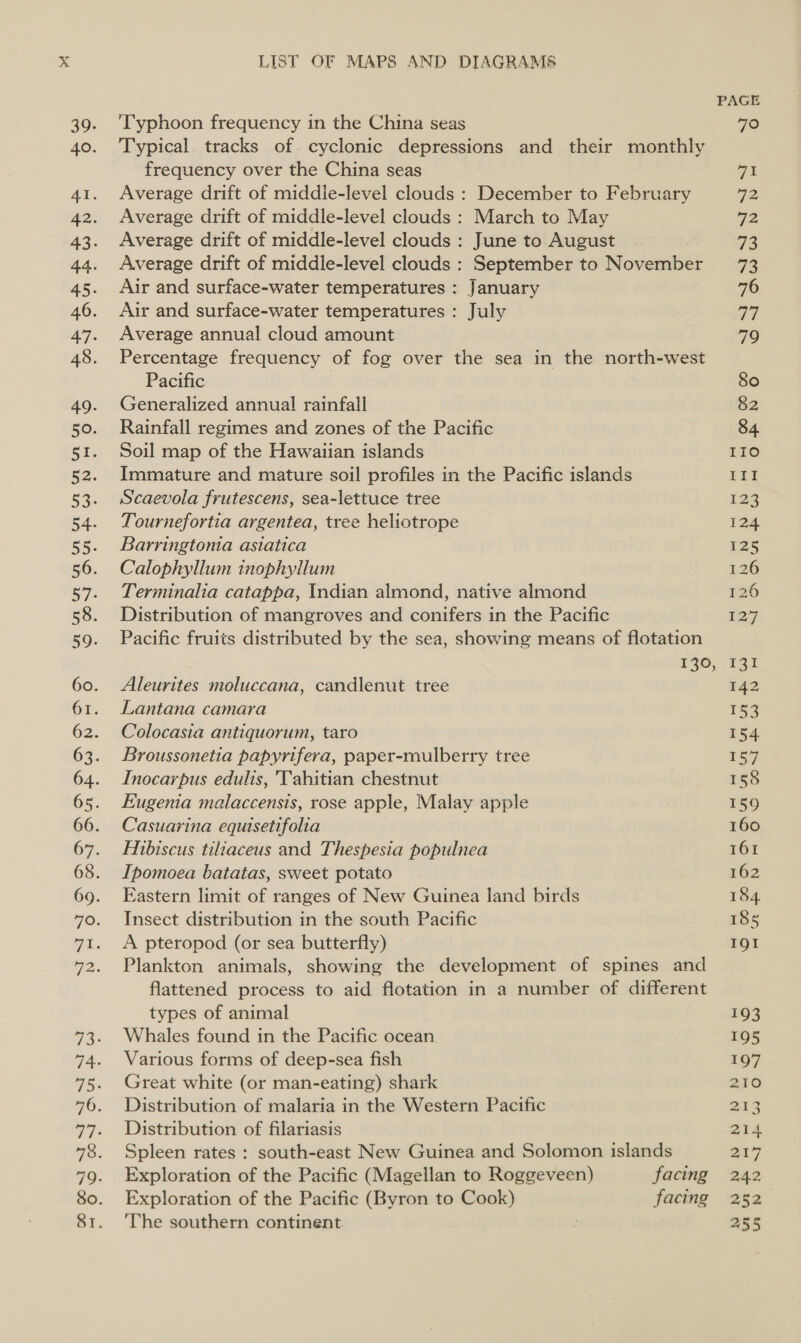 LIST OF MAPS AND DIAGRAMS Typhoon frequency in the China seas Typical. tracks of. cyclonic depressions and their monthly frequency over the China seas Average drift of middle-level clouds : December to February Average drift of middle-level clouds : March to May Average drift of middle-level clouds : June to August Average drift of middle-level clouds : September to November Air and surface-water temperatures : January Air and surface-water temperatures : July Average annual cloud amount Percentage frequency of fog over the sea in the north-west Pacific Generalized annual rainfall Rainfall regimes and zones of the Pacific Soil map of the Hawaiian islands Immature and mature soil profiles in the Pacific islands Scaevola frutescens, sea-lettuce tree Tournefortia argentea, tree heliotrope Barringtonia asiatica Calophyllum inophyllum Terminalia catappa, Indian almond, native almond Distribution of mangroves and conifers in the Pacific Pacific fruits distributed by the sea, showing means of flotation 130, Aleurites moluccana, candlenut tree Lantana camara Colocasia antiquorum, taro Broussonetia papyrifera, paper-mulberry tree Inocarpus edulis, 'Tahitian chestnut Eugenia malaccensis, rose apple, Malay apple Casuarina equisetifolia Hibiscus tiliaceus and Thespesia populnea Ipomoea batatas, sweet potato Eastern limit of ranges of New Guinea land birds Insect distribution in the south Pacific A pteropod (or sea butterfly) Plankton animals, showing the development of spines and flattened process to aid flotation in a number of different types of animal Whales found in the Pacific ocean. Various forms of deep-sea fish Great white (or man-eating) shark Distribution of malaria in the Western Pacific Distribution of filariasis Spleen rates : south-east New Guinea and Solomon islands Exploration of the Pacific (Magellan to Roggeveen) facing Exploration of the Pacific (Byron to Cook) facing The southern continent PAGE 79 7% 72 72 73 73 a7 79 80 82 84 110 111 123 124 125 126 126 127 {31 142 153 154 157 158 159 160 161 162 184 18s x IOI 193 195 197 210 213 Zi o57 242 252° 255