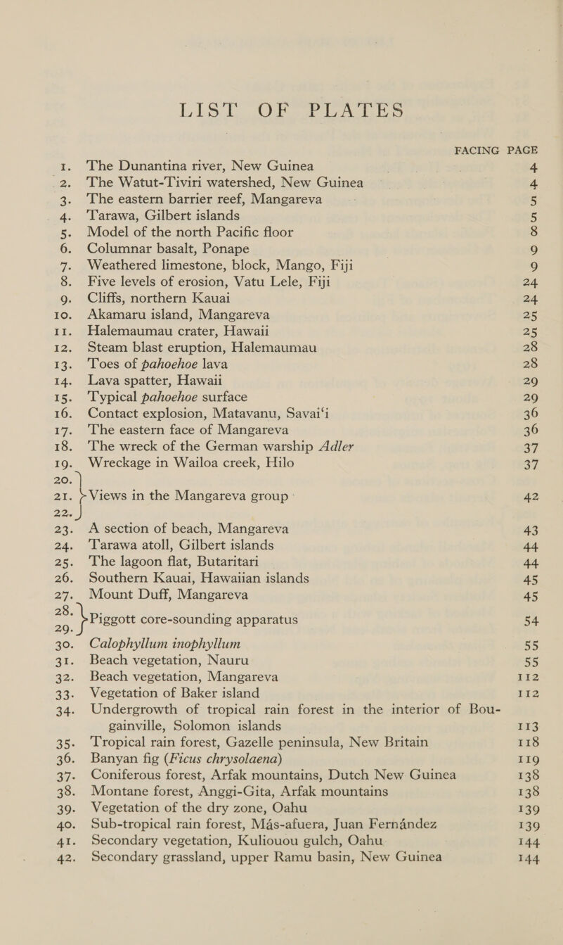 List OF er 7. The Dunantina river, New Guinea The Watut-Tiviri watershed, New Guinea The eastern barrier reef, Mangareva Tarawa, Gilbert islands Model of the north Pacific floor Columnar basalt, Ponape Weathered limestone, block, Mango, Fiji Five levels of erosion, Vatu Lele, Fiji g. Cliffs, northern Kauai 10. Akamaru island, Mangareva 11. Halemaumau crater, Hawaii 12. Steam blast eruption, Halemaumau 13. Toes of pahoehoe lava 14. Lava spatter, Hawaii 15. ‘Typical pahoehoe surface 16. Contact explosion, Matavanu, Savai‘i 17. The eastern face of Mangareva 18. The wreck of the German warship Adler 19. Wreckage in Wailoa creek, Hilo 20. OI ANA Do ame in the Mangareva group ° 22.) 23. A section of beach, Mangareva 24. ‘Tarawa atoll, Gilbert islands 25. The lagoon flat, Butaritari 26. Southern Kauai, Hawaiian islands 27. Mount Duff, Mangareva Piggott core-sounding apparatus 30. Calophyllum inophyllum 31. Beach vegetation, Nauru 32. Beach vegetation, Mangareva 33. Vegetation of Baker island 34. Undergrowth of tropical rain forest in the interior of Bou- gainville, Solomon islands 35. ‘Tropical rain forest, Gazelle peninsula, New Britain 36. Banyan fig (Ficus chrysolaena) 37. Coniferous forest, Arfak mountains, Dutch New Guinea 38. Montane forest, Anggi-Gita, Arfak mountains 39. Vegetation of the dry zone, Oahu 40. Sub-tropical rain forest, Mds-afuera, Juan Fernandez 41. Secondary vegetation, Kuliouou gulch, Oahu 42. Secondary grassland, upper Ramu basin, New Guinea 42 43 44 44 45 45 54 55 55 112 II2 113 118 119 138 138 139 139) 144 144