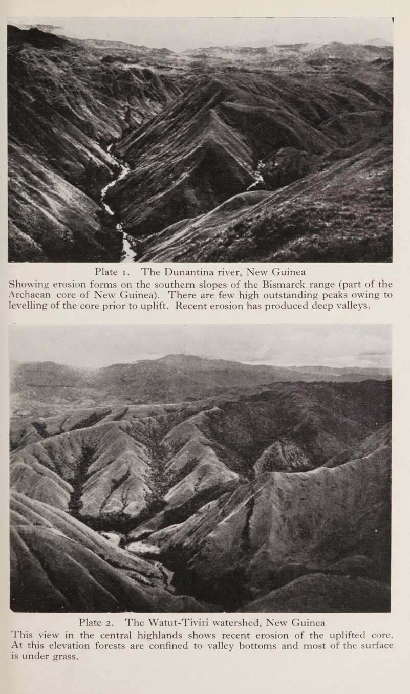 Plate 2. The Watut-Tiviri watershed, New Guinea This view in the central highlands shows recent erosion of the uplifted core. At this elevation forests are confined to valley bottoms and most of the surface is under grass. 