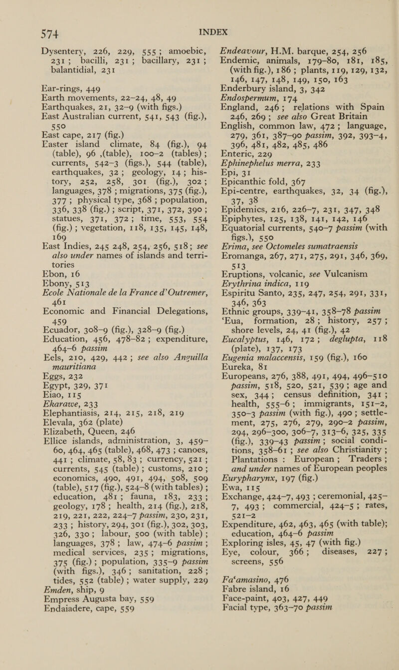 Dysentery, 226, 229, 555; amoebic, 23r; bacillt, 2313; »bacllary, 2315 balantidial, 231 Ear-rings, 449 Earth movements, 22-24, 48, 49 Earthquakes, 21, 32-9 (with figs.) East Australian current, 541,543 (fig.), 550 East cape, 217 (fig.) Easter island climate, 84 (fig.), 94 (table), 96 ,(table), 100-2 (tables) ; currents, 542-3 (figs.), 544 (table), earthquakes, 32; geology, 14; his- tory, 252, 258, 301 (fig.), 302; languages, 378 ; migrations, 375 (fig.), 377; physical type, 368 ; population, 336, 338 (fig.) ; script, 371, 372, 390; Statues, 371, 372; time, 553, 554 (fig.) ; vegetation, 118, 135, 145, 148, 169 East Indies, 245 248, 254, 256, 518; see also under names of islands and terri- tories Ebon, 16 Ebony, 513 Ecole Nationale de la France d’Outremer, 461 Economic and Financial Delegations, 459 Ecuador, 308-9 (fig.), 328-9 (fig.) Education, 456, 478-82; expenditure, 464-6 passim Eels, 210, 429, 442; see also Ancuilla mauritiana Eggs, 232 Egypt, 329, 371 Eiao, 115 Ekarawe, 233 Elephantiasis, 214, 215, 218, 219 Elevala, 362 (plate) Elizabeth, Queen, 246 Ellice islands, administration, 3, 459- 60, 464, 465 (table), 468, 473 ; canoes, 441 ; climate, 58, 83 ; currency, 521; currents, 545 (table) ; customs, 210 ; economics, 490, 491, 494, 508, 509 (table), 517 (fig.), 524-8 (with tables) ; education, 481; fauna, 183, 233; geology, 178; health, 214 (fig.), 218, 219, 221, 222, 224-7 passim, 230, 231, 233; history, 294, 301 (fig.), 302, 303, 326, 330; labour, 500 (with table) ; languages, 378; law, 474-6 passim ; medical services, 235; migrations, 375 (fig.) ; population, 335-9 passim (with figs.), 346; sanitation, 228; tides, 552 (table) ; water supply, 229 Emden, ship, 9 Empress Augusta bay, 559 Endaiadere, cape, 559 Endeavour, H.M. barque, 254, 256 Endemic, animals, 179-80, 181, 185, (with fig. ), 186 ; plants, 119, 129, 132, 146, 147, 148, 149, 150, 163 Enderbury island, 3, 342 Endospermum, 174 England, 246; relations with Spain 246, 269; see also Great Britain English, common law, 472; language, 279, 361, 387-90 passim, 392, 393-4, 396, 481, 482, 485, 4 Enteric, 229 Ephinephelus merra, 233 Epi, 31 Epicanthic fold, 367 Epi-centre, earthquakes, 32, 34 (fig.), 37, 38 Epidemics, 216, 226-7, 231, 347, 348 Epiphytes, 125, 138, 141, 142, 146 Equatorial currents, 540-7 passim (with figs.), 550 Erima, see Octomeles sumatraensis Eromanga, 267, 271, 275, 291, 346, 369, 513 Eruptions, volcanic, see Vulcanism Erythrina indica, 119 Espiritu Santo, 235, 247, 254, 291, 331, 346, 363 Ethnic groups, 339-41, 358-78 passim ‘Eua, formation, 28; history, 257; shore levels, 24, 41 (fig.), 42 Eucalyptus, 146, 172; deglupta, 118 (plate), 137, 173 Eugenia malaccensis, 159 (fig.), 160 Eureka, 81 Europeans, 276, 388, 491, 494, 496-510 passim, 518, 520, 521, 539; age and sex, 344; census definition, 341 ; health, 555-6; immigrants, 151-2, 350-3 passim (with fig.), 490; settle- ment, 275, 276, 279, 290-2 passim, 294, 296-300, 306-7, 313-6, 325, 335 (fig.), 339-43 passim ; social condi- tions, 358-61 ; see also Christianity ; Plantations : European; Traders ; and under names of European peoples Eurypharynx, 197 (fig.) Ewa, 115 Exchange, 424-7, 493 ; ceremonial, 425- 7, 403 ; commercial, 424-5 ; rates, 521-2 Expenditure, 462, 463, 465 (with table); education, 464-6 passim Exploring isles, 45, 47 (with fig.) Eye, colour, 366; diseases, screens, 5 56 2275 Fa‘amasino, 476 Fabre island, 16 Face-paint, 403, 427, 449 Facial type, 363~70 passim