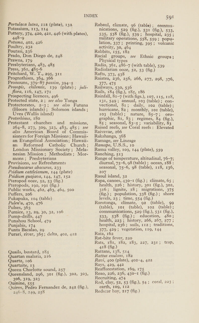 Potassium, 113, 114 Pottery, 374, 420, 421, 446 (with plates), 448-9 Potuma, 402, 426 © Poultry, 232 Poutasi, 236 Prado, Don Diego de, 248 Prawns, 179 Presbyterians, 483, 485 Press, 361, 485-6 Pritchard, W.P5:295, 311 Prognathism, 364, 366 Pronouns, 379-87 passim, 394-5 Prosopis, chilensis, 139 (plate); juli- ford, £16, 147, 271 Prospecting licences, 496 Protected state, 2; see also Tonga Protectorates, 2-3; see also Futuna (Hoorn islands); Solomon islands ; Uvea (Wallis island) Proterhinus, 180 Protestant churches and _ missions, 264-8, 273, 309, 323, 483, 485; see also American Board of Commis- sioners for Foreign Missions; Hawaii- an Evangelical Association; Hawaii- at. Reformed Catholic Church; London Missionary Society; Mela- nesian Mission; Methodists; Mor- mons; Presbyterians Provisions, see Refreshments Pseudoscarus abacurus, 233 Psidium cattleianum, 144 (plate) Psidium guajava, 144, 147, 152 Pteropod ooze, 52, 53 (fig.) Pteropods, 190, 191 (fig.) Public works, 462, 463, 464, 500 Puffers, 206 Pukapuka, 104 (table) Pulen‘u, 470, 476 Pulses,. 363 [ Pumice, 13, 29, 30, 32, 106 Pump-drills, 447 Punahou School, 479 Punjabis, 174 Punta Bacalao, 29 Purari, river, 365; delta, 402, 422 Quails, bustard, 185 Quartan malaria, 216 Quartz, 106 Quartzite, 13 Queen Charlotte sound, 257 Queensland, 296, 301 (fig.), 302, 303, 306, 319, 323 Quinine, 555 Quiros, Pedro Fernandez de, 242 (fig.), 246-8, 249, 258 591 nications, 529 (fig.), 531 (fig.), 533, 535, 538 (fig.), 539; hospital, 235 ; military operations, 558, 559; popu- lation, 337; printing, 395 ; volcanic activity, 30, 464 Rabbits, 155, 182 Racial groups, Physical types Radio, 361, 486-7 (with table), 539 Radiolarian ooze, 52, 53 (fig.) Rafts, 373, 438 Raiatea, 236, 256, 266, 277, 298, 376, 377) 475 Railways, 530, 536 Rails, 184 (fig.), 185, 186 Rainfall, 81-7 (with figs.), 107, 115, 118, 131, 549; annual, 103 (table); con- vectional, 81; daily, 102 (table); hurricane, 82; monthly, 1o1 (table), 103 (table); nature, 85-7; oro- graphic, 81, 83; regimes, 84 (fig.), 85; seasonal, 83-5; variability, 83 Raised reefs, see Coral reefs: Elevated Raivavae, 266 Rakahanga, 368 Ramage, see Lineage Ramapo, U.S.S., 10 Ramu valley, 109, 144 (plate), 559 Ranching, 513 Range of temperature, altitudinal, 76-7; diurnal, 75-6, 98 (table) ; ocean, 188 : seasonal, 75-6, 98 (table), 118, 136, 207 Raoul island, 32 Rapa, canoes, 430-1 (fig.) ; climate, 65 ; health, 226; history, 301 (fig.), 302, 316; lignite, 18; migrations, 375 (fig.); population, 338 (fig.); shore levels, 23; time, 554 (fig.) Rarotonga, climate, 92 (table), 99 (table), 1or (table), 102 (table); communications, 529 (fig.), 531 (fig.), §33,: 5362 (fig:);- education, . 4805 health, 223; history, 266, 267, 277; hospital, 236; soils, 112; traditions, 377, 429; vegetation, 119, 144 Rata, 162 Rat-bite fever, 220 Rats, PST, 162, 163, 227, 2355 418 (fig.) Rattans, 138, 514 Rattus exulans, 182 Ravi, 400 (plate), 402-4, 422 Rays, 429, 442 Reafforestation, 169, 175 Reao, 226, 236, 430-1 (fig.) Recruiting, 474 Red, clay, 52, 53 (fig.), 54; coral, 203 ; earth, 109, 112 Redscar bay, 217 (fig.) see Ethnic groups; trap,