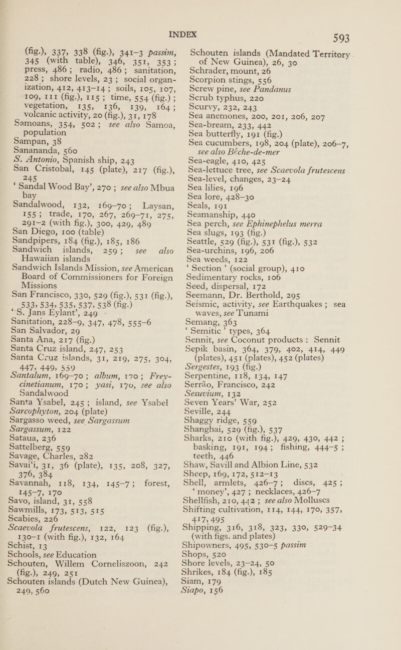 (fig.), 337, 338 (fig.), 341-3 passim, 345° (with: table), 346, 351,. 353; press, 486; radio, 486; sanitation, 228 ; shore levels, 23 ; social organ- ization, 412, 413-14; soils, 105, 107, 109, 111 (fig.), 115 5 time, 554 (fig.) ; vegetation, 135, 136, 139, 164; volcanic activity, 20 (fig.), 31, 178 Samoans, 354, 502; see also Samoa, population Sampan, 38 Sanananda, 560 S. Antonio, Spanish ship, 243 San Cristobal, 145 (plate), 217 (fig.), 245 : oe Wood Bay’, 270; see also Mbua ay Sandalwood, 132, 169-70; Laysan, 155; trade, 170, 267, 269-71, 275, 291-2 (with fig.), 300, 429, 489 San Diego, 100 (table) Sandpipers, 184 (fig.), 185, 186 Sandwich islands, 259; see Hawaiian islands Sandwich Islands Mission, see American Board of Commissioners for Foreign Missions San Francisco, 330, 529 (fig.), 531 (fig.), 533, 534, 535, 537, 538 (fig.) ‘SS. Jans Eylant’, 249 Sanitation, 228-9, 347, 478, 555-6 San Salvador, 29 Santa Ana, 217 (fig.) Santa Cruz island, 247, 253 Santa Cruz islands, 31, 219, 275, 304, 447, 449, 559 Santalum, 169-70; album, 170; Frey- cinetianum, 1703; yas, 170, see also Sandalwood santa Ysabel, 245; island, see Ysabel Sarcophyton, 204 (plate) Sargasso weed, see Sargassum Sargassum, 122 Sataua, 236 Sattelberg, 559 Savage, Charles, 282 Savaii, 31, 36 (plate), 135, 208, 327, 376, 384 145-7, 170 : Savo, island, 31, 558 Sawmills, 173, 513, 515 Scabies, 226 Scaevola frutescens, 122, 130-1 (with fig.), 132, 164 Schist, 13 Schools, see Education Schouten, Willem Corneliszoon, 242 (fig.), 249, 251 Schouten islands (Dutch New Guinea), 249, 560 also € 123 “Gig:); 593 Schouten islands (Mandated Territory. of New Guinea), 26, 30 Schrader, mount, 26 Scorpion stings, 556 Screw pine, see Pandanus Scrub typhus, 220 Scurvy, 232, 243 Sea anemones, 200, 201, 206, 207 Sea-bream, 233, 442 Sea butterfly, 191 (fig.) Sea cucumbers, 198, 204 (plate), 206-7, see also Béche-de-mer Sea-eagle, 410, 425 Sea-lettuce tree, see Scaevola frutescens Sea-level, changes, 23-24 Sea lilies, 196 Sea lore, 428-30 Seals, 191 Seamanship, 440 Sea perch, see Ephinephelus merra Sea slugs, 193 (fig.) Seattle, 529 (fig.), 531 (fig.), 532 Sea-urchins, 196, 206 Sea weeds, 122 ‘ Section ’ (social group), 410 Sedimentary rocks, 106 Seed, dispersal, 172 Seemann, Dr. Berthold, 295 Seismic, activity, see Earthquakes ; sea waves, see’ Tunami Semang, 363 * Semitic ’ types, 364 Sennit, see Coconut products: Sennit Sepik basin, 364, 379, 402, 414, 449 (plates), 451 (plates), 452 (plates) Sergestes, 193 (fig.) Serpentine, 118, 134, 147 Serrado, Francisco, 242 Sesuvium, 132 Seven Years’ War, 252 Seville, 244 Shaggy ridge, 559 Shanghai, 529 (fig.), 537 Sharks, 210 (with fig.), 429, 430, 442 ; basking, 191, 194; fishing, 444-5 ; teeth, 446 Shaw, Savill and Albion Line, 532 Sheep, 169, 172, 512-13 ‘money’, 427 ; necklaces, 426-7 Shellfish, 210, 442 ; see also Molluscs Shifting cultivation, 114, 144, 170, 357, 417, 495 Shipping, 316, 318, 323, 330, 529-34 (with figs. and plates) Shipowners, 495, 530-5 passim Shops, 520 Shore levels, 23-24, 50 Shrikes, 184 (fig.), 185 Siam, 179 Siapo, 156