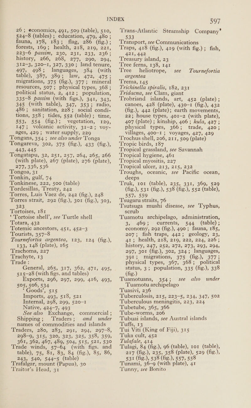 26 ; economics, 491,-509 (table), 510, 524-8 (tables) ; education, 479, 480 ; fauna, 178, 183; flag, 286 (fig.); forests, 169; health, 218, 219, 221, 223-0, Passi, 230, 231, 233; 236: history, 266, 268, 277, 290, 294, 312-3, 320-1, 327, 930; land tenure, 497, 498; languages, 384 (with table), 387, 389; law, 472, 475; migrations, 375 (fig.), 377; mineral resources, 507; physical types, 368 ; political status, 2, 412; population, 335-8 passim (with figs.), 341, 343, 345 (with table), 347, 353; radio, 486 ; sanitation, 228; social condi- tions, 358; tides, 552 (table); time, 553, 554 (fig.); vegetation, 129, 147; volcanic activity, 31-2; voy- ages, 429; water supply, 229 Tongans, 354 ; see also under Tonga Tongareva, 302, 375 (fig.), 433 (fig.), 443,445 Tongatapu, 32, 251, 257, 264, 265, 266 (with plate), 267 (plate), 276 (plate), 277, 336, 536 Tongoa, 31 Tonkin, gulf, 74 Tonkinese, 222, 500 (table) Tordesillas, ‘Treaty, 242 Torres, Luis Vaez de, 242 (fig.), 248 Torres strait, 292 (fig.), 301 (fig.), 303, 323 Tortoises, 181 ‘'Tortoise shell’, see Turtle shell Totara, 432 Totemic ancestors, 451, 452-3 Tourists, 357-8 Tournefortia argentea, 123, 124 (fig.), 133, 148 (plate), 165 Trachoma, 227 Frachyte,.13 Trade: General, 265, 317, 362, 471, 495, 515-28 (with figs. and tables) Exports, 296, 297, 299, 416, 493, 505, 506, 534 * Goods’; 515 Imports, 493, 518, 521 Internal, 298, 299, 520-1 Native, 424-7, 493 See also Exchange, commercial ; Shipping; Traders; and wunder names of commodities and islands Wraders, 280, 2533401, 294, 29778, 298-9, 315, 320, 323, 325, 358, 359, 361, 362, 467, 489, 504, 515, 521, 530 Trade winds, 57-64 (with figs. and table), 75, $1, 83, 84 (fig.), 85, 86, 243, 540, 544-5 (table) Trafalgar, mount (Papua), 30 Traitor’s Head, 31 597 Trans-Atlantic Steamship Company’ 533 ‘Transport, see Communications Traps, 418 (fig.), 419 (with fig.) ; fish, 421, 442 Treasury island, 23 ‘Tree ferns, 138,.247 Tree heliotrope, see argentea Trema, 145 Trichinella spiralis, 182, 231 Tridacna, see Clam, giant Trobriand islands, art, 452 (plate); canoes, 428 (plate), 430-1 (fig.), 432 (fig.), 442 (plate); earth movements, 22; house types, 401-2 (with plate), 407 (plate) ; kinship, 406 ; kula, 427 ; physical types, 366; trade, 420; villages, 400-I ; voyages, 427, 429 ‘Trochus shell, 206, 211, 509 (plate) Tropic birds, 187 Tropical grassland, see Savannah Tropical hygiene, 461 ‘Tropical myositis, 227 Trepical ulcer; 213,215,232 Troughs, oceanic, see Pacific ocean, deeps Truk, 101 (table), 235, 331, 369, 520 (fig.), 531 (fig.), 538 (fig.), 552 (table), 5575 559. ‘Tsugaru straits, 76 Tsutsuga mushi disease, see Typhus, scrub Tuamotu archipelago, administration, 3, 469; currents, 544 (table); economy, 292 (fig.), 490; fauna, 185, 207; fish traps, 442; geology, 23, 41; health, 218, 219, 222, 224, 226; history, 247, 252, 272, 273, 293, 294, 297, 301 (fig.), 302, 324; languages, 391; migrations, 375 (fig.), 377; physical types, 367, 368; political status, 3; population, 335 (fig.), 338 (fig.) Tuamotuans, 354; see also ‘Tuamotu archipelago Tuasivi, 236 Tuberculosis, 215, 223-5, 234, 347, 502 Tuberculous meningitis, 223, 224 Tubetube, 365, 366 Tube-worms, 206 Tubuai islands, see Austral islands Tatis,, 13 Tui Viti (King of Fiji), 315 Tuka cult, 452 Tulafale, 414 Tulagi, 84 (fig.), 96 (table), 101 (table), 217 (fig.), 235, 358 (plate), 529 (fig.), 531 (fig.), 538 (fig.), 557, 558 Tunami, 36-9 (with plate), 41 Tunny, see Bonito Tournefortia under