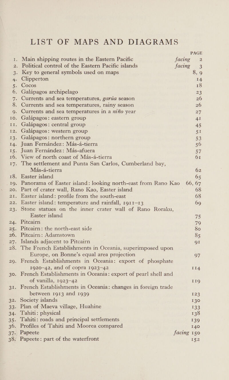 Pe eg eS aa LIST OF MAPS AND DIAGRAMS PAGE Main shipping routes in the Eastern Pacific facing 22 Political control of the Eastern Pacific islands facing .3 Key to general symbols used on maps 8,9 Clipperton 14 Cocos 18 Galapagos archipelago 23 Currents and sea temperatures, garlia season 26 Currents and sea temperatures, rainy season 26 Currents and sea temperatures in a 71fio year 27 Galapagos: eastern group 41 Galapagos: central group 45 Galapagos: western group 51 . Galapagos: northern group 53 . Juan Fernandez: Mas-a-tierra 56 . Juan Fernandez: Mas-afuera i) View of north coast of Mas-a-tierra 61 . The settlement and Punta San Carlos, Cumberland bay, Mas-a-tierra 62 . Easter island 65 Panorama of Easter island: looking north-east from Rano Kao 66, 67 . Part of crater wall, Rano Kao, Easter island | 68 . Easter island: profile from the south-east 68 . Easter island: temperature and rainfall, 1911-13 69 . Stone statues on the inner crater wall of Rano Roraku, Easter island a5 Pitcairn 79 Pitcairn: the north-east side 80 Pitcairn: Adamstown 85 Islands adjacent to Pitcairn QI The French Establishments in Oceania, superimposed upon Europe, on Bonne’s equal area projection 97 French Establishments in Oceania: export of phosphate 1920-42, and of copra 1923-42 114 French Establishments in Oceania: export of pearl shell and of vanilla, 1923-42 119 French Establishments in Oceania: changes in foreign trade between 1913 and 1939 123 . Society islands 130 . Plan of Maeva village, Huahine 133 . Tahiti: physical 138 . Tahiti: roads and principal settlements 139 . Profiles of Tahiti and Moorea compared 140 . Papeete facing 150 Papeete: part of the waterfront 152