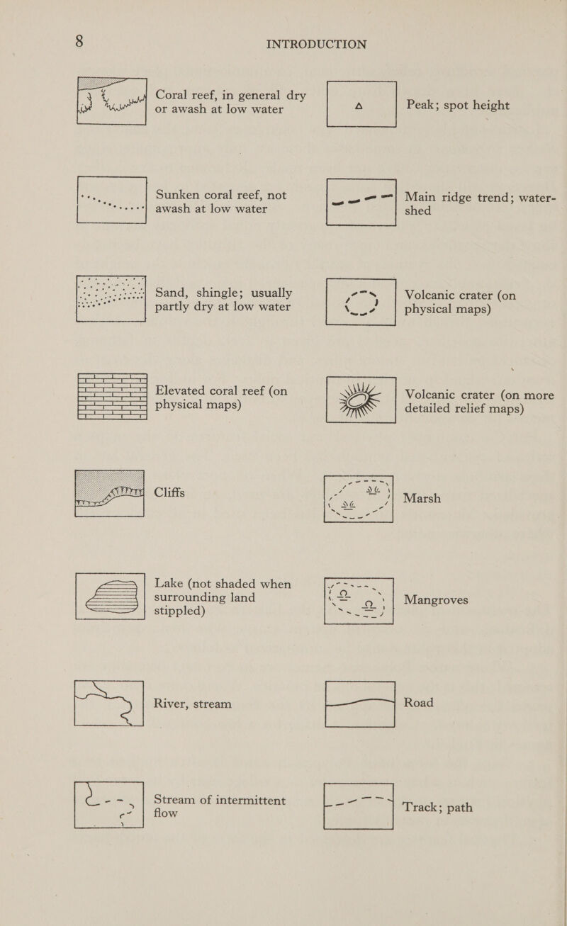 or awash at low water Sunken coral reef, not awash at low water Sand, shingle; usually partly dry at low water  Elevated coral reef (on physical maps) Cliffs  Lake (not shaded when surrounding land stippled) River, stream Stream of intermittent flow     Peak; spot height shed Pits Volcanic crater (on \ 2 | physical maps) Marsh Mangroves Road Track; path