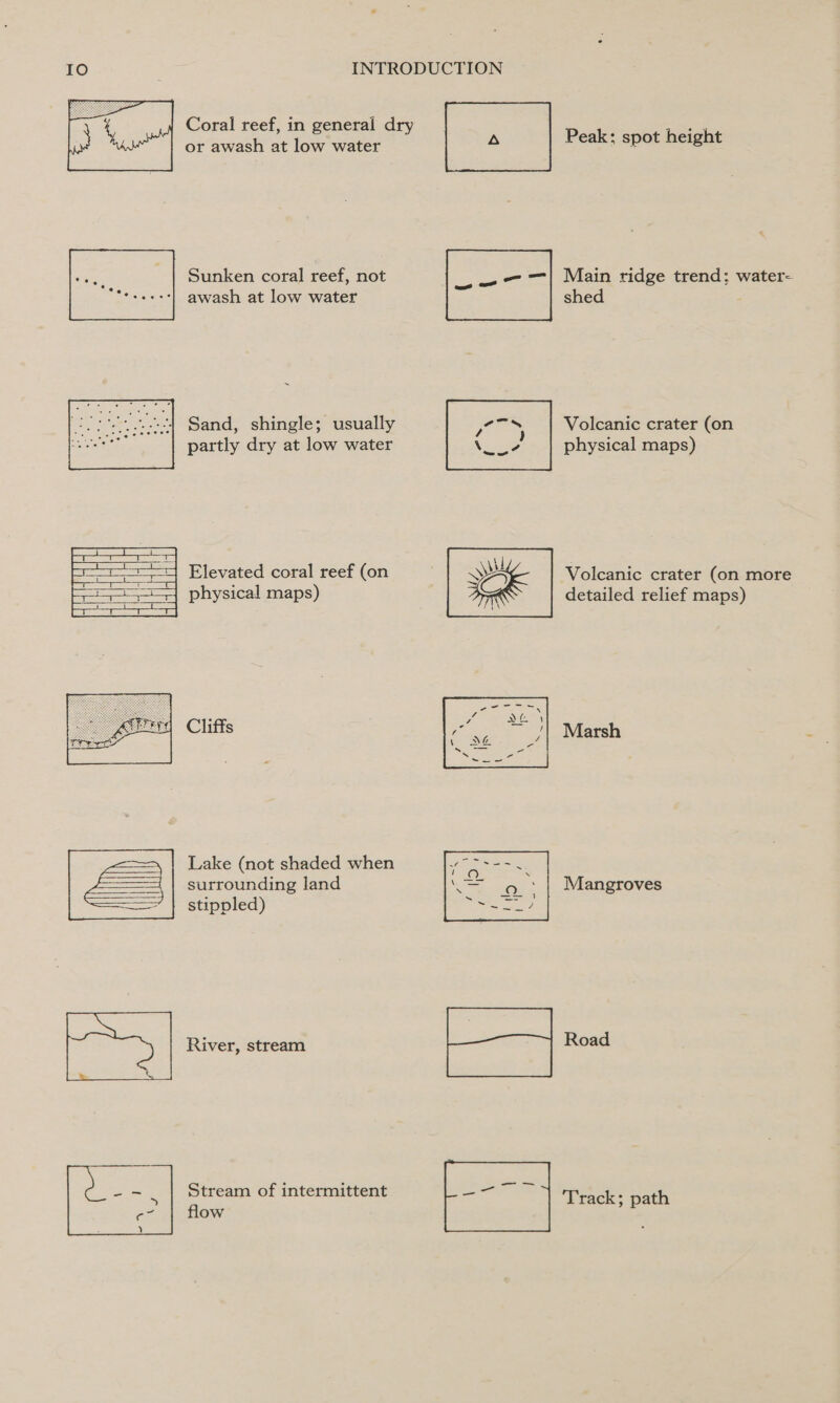 ae or awash at low water Sunken coral reef, not awash at low water Sand, shingle; usually partly dry at low water  Elevated coral reef (on physical maps) Cliffs  Lake (not shaded when surrounding land stippled)  River, stream Stream of intermittent flow      Peak; spot height Main ridge trend; water- shed Volcanic crater (on physical maps) Volcanic crater (on more detailed relief maps) Marsh Mangroves Road Track; path