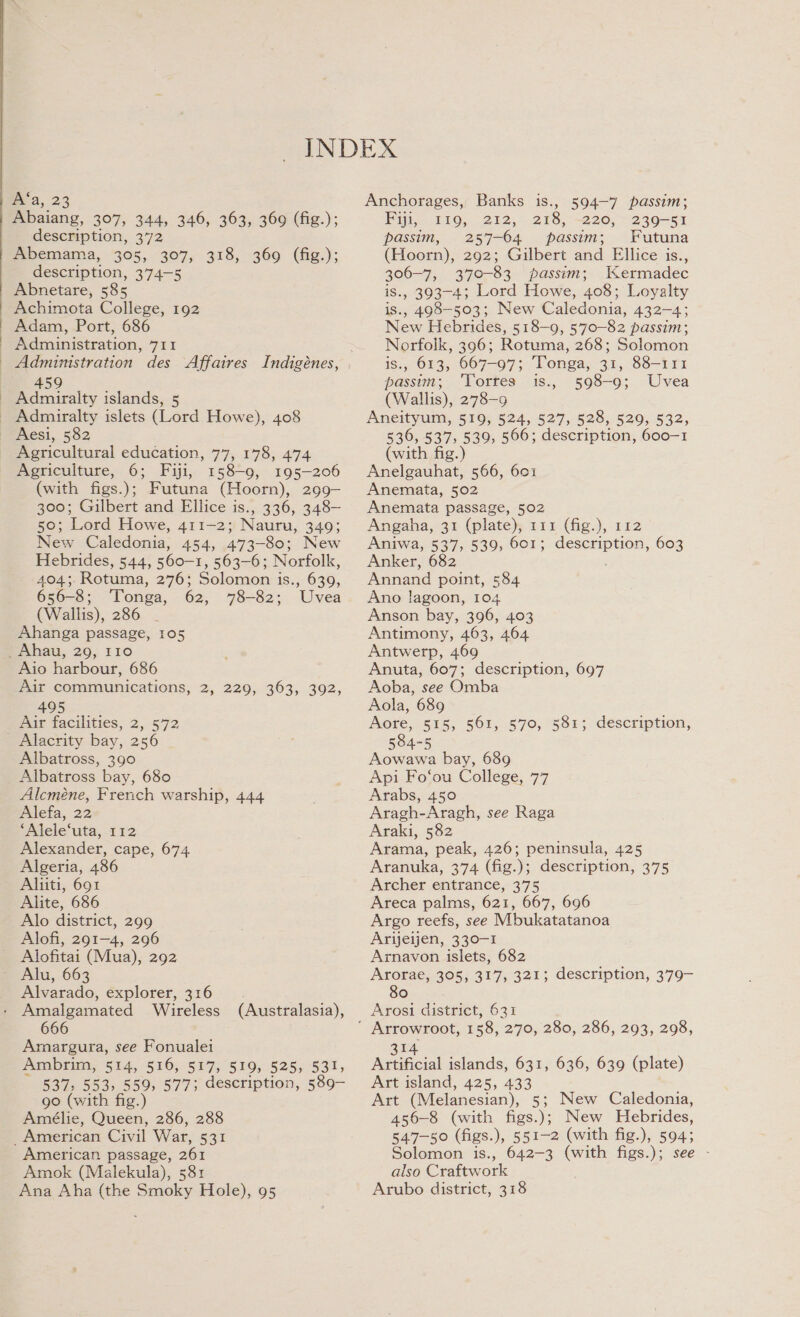 A‘a, 23 Abaiang, 307, 344, 346, 363, 369 (fig.); description, 372 Abemama, 305, 307, 318, 369 (fig.); description, 374-5 Abnetare, 585 Achimota College, 192 Adam, Port, 686 - Administration, 711 | Administration des Affaires Indigénes, 459 - Admiralty islands, 5 _ Admiralty islets (Lord Howe), 408 Aesi, 582 Agricultural education, 77, 178, 474 Agriculture, 6; Fiji, 158-9, 195-206 (with figs.); Futuna (Hoorn), 299- 300; Gilbert and Ellice is., 336, 348- 50; Lord Howe, 411-2; Nauru, 349; New Caledonia, 454, 473-80; New Hebrides, 544, 560-1, 563-6; Norfolk, 404; Rotuma, 276; Solomon is., 639, 656-8; Tonga, 62, 78-82; Uvea (Wallis), 286 Ahanga passage, 105 _Ahau, 29, 110 Aio harbour, 686 Air communications, 2, 229, 363, 392, 495 Air facilities, 2, 572 _ Alacrity bay, 256 Albatross, 390 Albatross bay, 680 Alcméne, French warship, 444 Alefa, 22 ‘Alele‘uta, 112 Alexander, cape, 674 Algeria, 486 Aliiti, 691 Alite, 686 Alo district, 299 Alofi, 291-4, 296 Alofitai (Mua), 292 ~ Alu, 663 Alvarado, explorer, 316 - Amalgamated Wireless 666 Amargura, see Fonualei Ambrim, 514, 516, 517, 519, 525, 531, 537; 553, 559, 577; description, 589- go (with fig.) Amélie, Queen, 286, 288 American Civil War, 531 American passage, 261 Amok (Malekula), 581 Ana Aha (the Smoky Hole), 95 (Australasia), Anchorages, Banks is., 594-7 passim; Faji,. 110, 212, .218, +220, ~230=51 passim, 257-64 passim; Futuna (Hoorn), 292; Gilbert and Ellice is., 200% 370-83 passim; Kermadec , 393-4; Lord Howe, 408; Loyalty , 498-503; New Caledonia, 432-4; Now Hebrides, 518-9, 570-82 passim; piece? 396; Rotuma, 268; Solomon , 613, 667-97; Tonga, 31, 88-111 cae Torres is., 598-9; Uvea (Wallis), 278-9 Aneityum, 519, 524, 527, 528, 529, 532, 536, 537, 539, 506; description, 600-1 (with fig.) Anelgauhat, 566, 601 Anemata, 502 Anemata passage, 502 Angaha, 31 (plate), 111 (fig.), 112 Aniwa, 537, 539, 601; description, 603 Anker, 682 Annand point, 584 Ano lagoon, 104 Anson bay, 396, 403 Antimony, 463, 464 Antwerp, 469 Anuta, 607; description, 697 Aoba, see Omba Aola, 689 Aore, 515, 561, 570, 581; 584-5 Aowawa bay, 689 Api Fo‘ou College, 77 Arabs, 450 Aragh-Aragh, see Raga Araki, 582 Arama, peak, 426; peninsula, 425 Aranuka, 374 (fig.); description, 375 Archer entrance, 375 Areca palms, 621, 667, 696 Argo reefs, see Mbukatatanoa Arijeijen, 330-1 Arnavon islets, 682 Arorae, 305, 317, 321; 80 Arosi district, 631 description, description, 379- 314 Artificial islands, 631, 636, 639 (plate) Art island, 425, 433 Art (Melanesian), 5; New Caledonia, 456-8 (with figs.); New Hebrides, 547-50 (figs.), 551-2 (with fig.), 594; Solomon is., 642-3 (with figs.); see - also Craftw ork Arubo district, 318