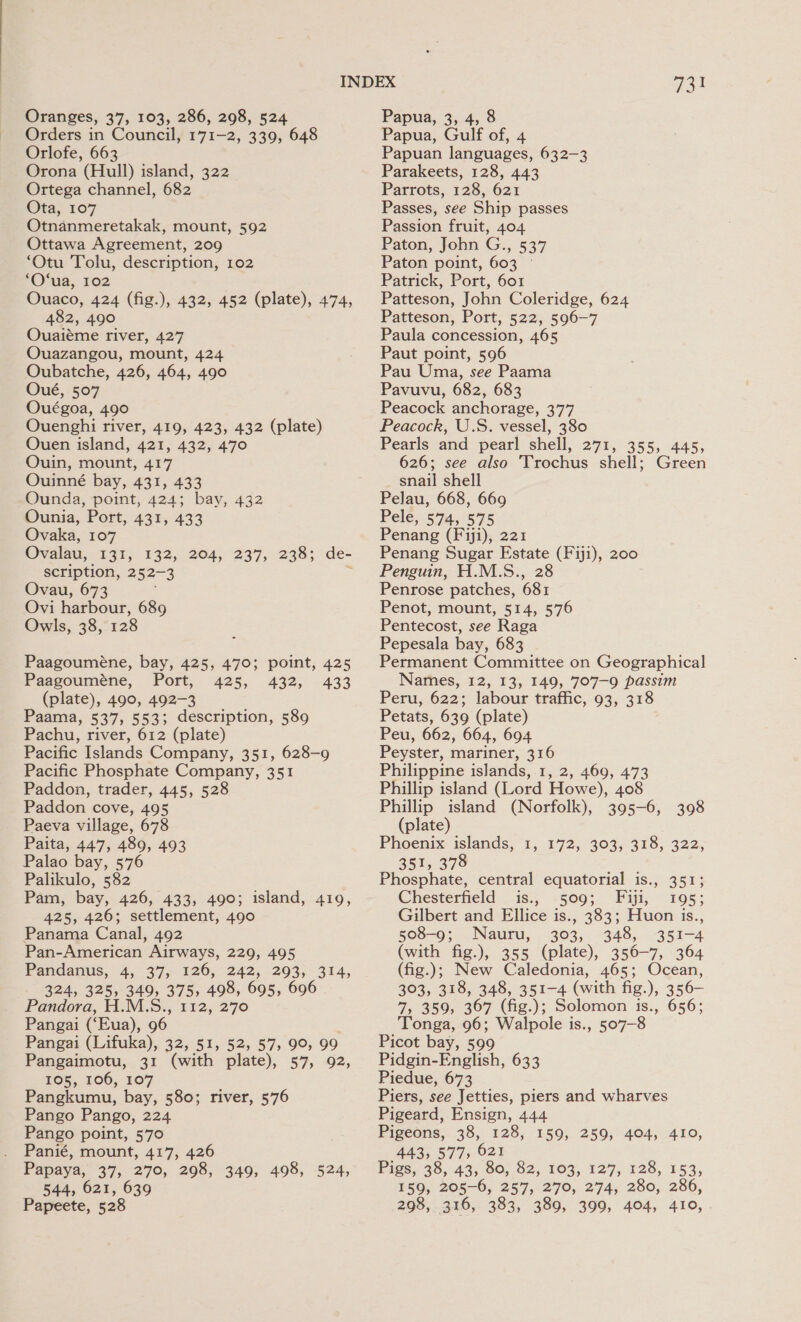 Orders in Council, 171-2, 339, 648 Orlofe, 663 Orona (Hull) island, 322 Ortega channel, 682 Ota, 107 Otnanmeretakak, mount, 592 Ottawa Agreement, 209 ‘Otu Tolu, description, 102 ‘Ofua, 102 Ouaco, 424 (fig.), 432, 452 (plate), 474, 482, 490 Ouaiéme river, 427 Ouazangou, mount, 424 Oubatche, 426, 464, 490 Oué, 507 Ouégoa, 490 Ouenghi river, 419, 423, 432 (plate) Ouen island, 421, 432, 470 Quin, mount, 417 Ouinné bay, 431, 433 Ounda, point, 424; bay, 432 Ounia, Port, 431, 433 Ovaka, 107 Ovalau, 131, 132, 204, 237, 238; de- scription, 252-3 : Ovau, 673 Ovi harbour, 689 Owls, 38, 128 Paagouméne, bay, 425, 470; point, 425 Paagouméne, Port, 425, 432, 433 (plate), 490, 492-3 = Paama, 537, 553; description, 589 Pachu, river, 612 (plate) Pacific Islands Company, 351, 628-9 Pacific Phosphate Company, 351 Paddon, trader, 445, 528 Paddon cove, 495 Paeva village, 678 Paita, 447, 489, 493 Palao bay, 576 Palikulo, 582 Pam, bay, 426, 433, 490; island, 419, 425, 426; settlement, 490 Panama Canal, 492 Pan-American Airways, 229, 495 Pandanus, 4, 37, 126, 242, 293, 314, 324, 325, 349, 375, 498, 695, 696 Pandora, H.M.S., 112, 270 Pangai (‘Eua), 96 : Pangai (Lifuka), 32, 51, 52, 57, 90, 99 Pangaimotu, 31 (with plate), 57, 92, 105, 106, 107 Pangkumu, bay, 580; river, 576 Pango Pango, 224 Pango point, 570 Panié, mount, 417, 426 Papaya, 37, 270, 298, 349, 498, 524, 544, 621, 639 Papeete, 528 Papua, Gulf of, 4 Papuan languages, 632-3 Parakeets, 128, 443 Parrots, 128, 621 Passes, see Ship passes Passion fruit, 404 Paton, John G., 537 Paton point, 603 ' Patrick, Port, 601 Patteson, John Coleridge, 624 Patteson, Port, 522, 596-7 Paula concession, 465 Paut point, 596 Pau Uma, see Paama Pavuvu, 682, 683 Peacock anchorage, 377 Peacock, U.S. vessel, 380 Pearls and pearl shell, 271, 355, 445, 626; see also 'Trochus shell; Green snail shell Pelau, 668, 669 Pele, 574, 575 Penang (Fiji), 221 Penang Sugar Estate (Fiji), 200 Penguin, H.M.S., 28 Penrose patches, 681 Penot, mount, 514, 576 Pentecost, see Raga Pepesala bay, 683 Permanent Committee on Geographical Names, 12, 13, 149, 707-9 passim Peru, 622; labour traffic, 93, 318 Petats, 639 (plate) Peu, 662, 664, 694 Peyster, mariner, 316 Philippine islands, 1, 2, 469, 473 Phillip island (Lord Howe), 408 Phillip island (Norfolk), 395-6, 398 (plate) Phoenix islands, 1, 172, 303, 318, 322, 351, 378 Phosphate, central equatorial is., 351; Chesterfield is., 509; Fiji, 1095; Gilbert and Ellice is., 383; Huon is., 508-9; Nauru, 303, 348, 351-4 (with fig.), 355 (plate), 356-7, 364 (fig.); New Caledonia, 465; Ocean, 303, 318, 348, 351-4 (with fig.), 356— 7, 359, 367 (fig.); Solomon is., 656; Tonga, 96; Walpole is., 507-8 Picot bay, 599 Pidgin-English, 633 Piedue, 673 Piers, see Jetties, piers and wharves Pigeard, Ensign, 444 Pigeons, 38, 128, 159, 259, 404, 410, 443, 577, 621 Pigs, 38, 43, 80, 82, 103, 127, 128, 153, 159, 205-6, 257, 270, 274, 280, 286, 298, 316, 383, 389, 399, 404, 410, .