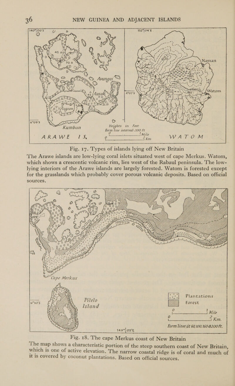      Heights in Feet form line interval: 200 ft TORAWE OTS: : Se WATOM   Fig. 17. Types of islands lying off New Britain ‘The Arawe islands are low-lying coral islets situated west of cape Merkus. Watom, which shows a crescentic volcanic rim, lies west of the Rabaul peninsula. The low- lying interiors of the Arawe islands are largely forested. Watom is forested except for the grasslands which probably cover porous volcanic deposits. Based on official sources. 1 Mile Km. form lines Gt 60 100, 1604200 ft.  Fig. 18. The cape Merkus coast of New Britain nb map shows a characteristic portion of the steep southern coast of New Britain, which 1s one of active elevation. The narrow coastal ridge is of coral and much of it is covered by coconut plantations. Based on official sources.