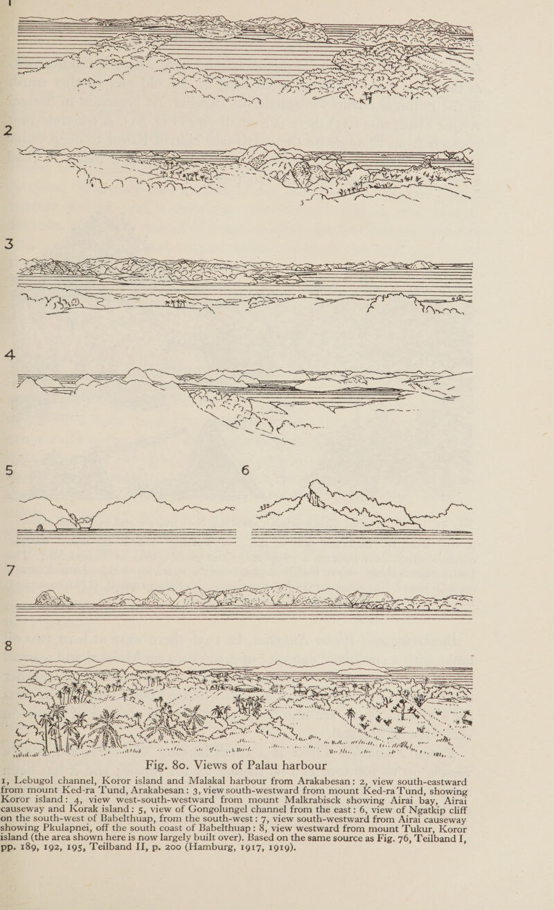      &lt;A 6 SSeS . aed 2 = ——= Sas Cz RL AAO Bie LEC NRG SBR, SSS = LET SA ST af LOE EN 4 Sa es Sa Rata ayy &lt;= ™¥7go, (3 SS Ee aes 3 Bees raw =- FON,         &lt; S ee AY eae 1A 4° Cy pl aes were . ae aan Gor 4 vi ay qe we Ie EOIN ; sh ates PR  jy 4 Ce ie nas Seon te Wasin We Walls. OMe GZ, | ae Hays Ragen ie. eee a as me ilies, Oe ; . Oe Sak 8 Mat eae (Way |, vedanta Ge! Sewn od Fig. 80. Views of Palau harbour 1, Lebugol channel, Koror island and Malakal harbour from Arakabesan: 2, view south-eastward from mount Ked-ra Tund, Arakabesan: 3, view south-westward from mount Ked-ra’ Tund, showing Koror island: 4, view west-south-westward from mount Malkrabisck showing Airai bay, Airai causeway and Korak island: 5, view of Gongolungel channel from the east: 6, view of Ngatkip cliff on the south-west of Babelthuap, from the south-west : 7, view south-westward from Airai causeway showing Pkulapnei, off the south coast of Babelthuap: 8, view westward from mount Tukur, Koror island (the area shown here is now largely built over). Based on the same source as Fig. 76, Teilband I, pp. 189, 192, 195, Teilband II, p. 200 (Hamburg, 1917, 1919).