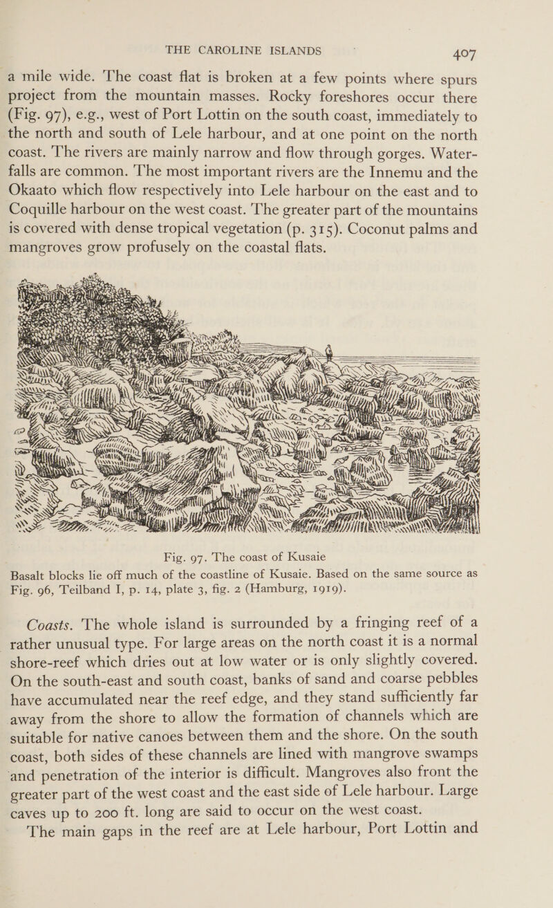 a mile wide. The coast flat is broken at a few points where spurs project from the mountain masses. Rocky foreshores occur there (Fig. 97), e.g., west of Port Lottin on the south coast, immediately to the north and south of Lele harbour, and at one point on the north coast. ‘I'he rivers are mainly narrow and flow through gorges. Water- falls are common. The most important rivers are the Innemu and the Okaato which flow respectively into Lele harbour on the east and to Coquille harbour on the west coast. The greater part of the mountains is covered with dense tropical vegetation (p. 315). Coconut palms and mangroves grow profusely on the coastal flats.                            Wy Z Vue ] ne ey) . esaN NY (4 NN iy &lt; Maral ah i min 4 f Hae i ‘ NS AN , AWW if i Ens i K = &lt;a me Ze om AN ws lh Nan si Fig. 97. The coast of Kusaie Basalt blocks lie off much of the coastline of Kusaie. Based on the same source as Fig. 96, Teilband I, p. 14, plate 3, fig. 2 (Hamburg, 1919). Coasts. The whole island is surrounded by a fringing reef of a rather unusual type. For large areas on the north coast it is a normal shore-reef which dries out at low water or is only slightly covered. On the south-east and south coast, banks of sand and coarse pebbles have accumulated near the reef edge, and they stand sufficiently far away from the shore to allow the formation of channels which are suitable for native canoes between them and the shore. On the south coast, both sides of these channels are lined with mangrove swamps ‘and penetration of the interior is difficult. Mangroves also front the greater part of the west coast and the east side of Lele harbour. Large caves up to 200 ft. long are said to occur on the west coast. The main gaps in the reef are at Lele harbour, Port Lottin and