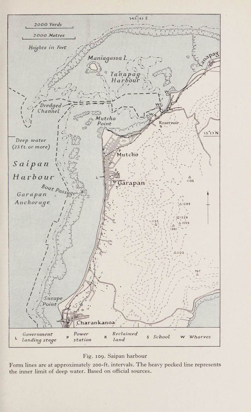                                                                                                                                                                                                                                                                                                                                                                                               ( 1 ®1529 Ve NAT AS ESISIS:S A = yy                                                                                                                                                               Government . Reclaimed L landing stage station land 4 s School W Whacves  Fig. 109. Saipan harbour Form lines are at approximately 200-ft. intervals. The heavy pecked line represents the inner limit of deep water. Based on official sources.