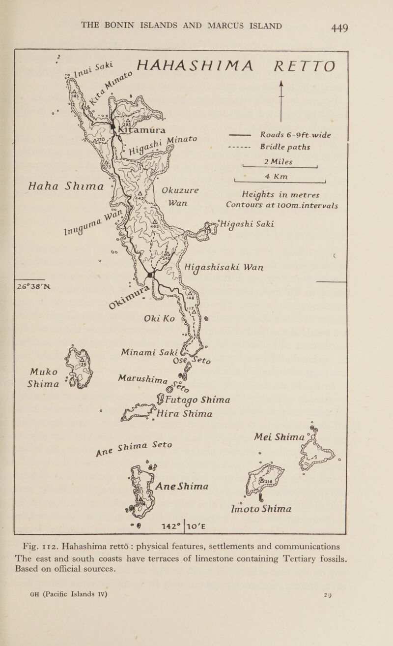     eee IPA RET TO nok —— Roads 6-9ft.wide aaeias= Bridle paths 2 Miles a ee ee | : 4 Km (eee ee adh ly Heights in metres Contours at 100m.intervals | f FES e Saki 26°38'N ~ a oy eae! Db =e ee  wer @ {Futago Shima £, Hira Shima  Macushimg pee ane Shima Seto  Imoto Shima  142° |10’E Fig. 112. Hahashima rett6 : physical features, settlements and communications The east and south coasts have terraces of limestone containing Tertiary fossils. Based on official sources. GH (Pacific Islands Iv) 2)