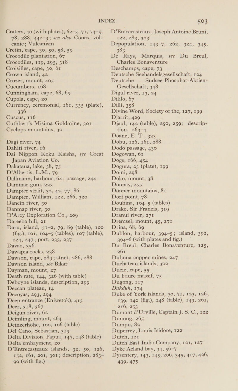 Craters, 40 (with plates), 62-3, 71, 74-5, 78, 288, 442-3; see also Cones, vol- canic; Vulcanism Cretin, cape, 30, 50, 58, 59 Crocodile plantation, 67 Crocodiles, 119, 295, 318 Croisilles, cape, 30, 61 Crown island, 42 Crozer, mount, 405 Cucumbers, 168 Cunningham, cape, 68, 69 Cupola, cape, 20 Currency, ceremonial, 161, 335 (plate), 336 Cuscus, 116 Cuthbert’s Misima Goldmine, 301 Cyclops mountains, 30 Dagi river, 74 Dahiti river, 16 Dai Nippon Koku Kaisha, see Great Japan Aviation Co. Dakataua, lake, 38, 75 D’Albertis, L.M., 79 Dallmann, harbour, 64; passage, 244 Dammar gum, 223 Dampier strait, 32, 42, 77, 86 Dampier, William, 122, 266, 320 Danein river, 30 Danmap river, 30 D’Arcy Exploration Co., 209 Dareeba hill, 21 - Daru, island, 51-2, 79, 89 (table), 100 (fig.), 101, 104—5 (tables), 107 (table), 224, 247 ;, Port, 2335 237 Davao, 356 Dawapia rocks, 238 Dawson, cape, 289; strait, 286, 288 Dawson island, see Bikar Dayman, mount, 27 Death rate, 144, 326 (with table) Deboyne islands, description, 299 Deccan plateau, 14 Decoyas, 293, 294 Deep entrance (Eniwetok), 413 Deer, 318, 367 Deigun river, 62 Deimling, mount, 264 Deinzerhiéhe, 100, 106 (table) Del Cano, Sebastian, 319 Delta Division, Papua, 147, 148 (table) Delta embayment, 20 D’Entrecasteaux islands, 32, 50, 126, 152, 161, 201, 301; description, 283- go (with fig.) 593 D’Entrecasteaux, Joseph Antoine Bruni, 1225 283, 303 Depopulation, 143-7, 262, 324, 345, 383 De Rays, Marquis, Charles Bonaventure Deschamps, cape, 73 Deutsche Seehandelsgesellschaft, 124 Deutsche Siidsee-Phosphat-Aktien- Gesellschaft, 348 Digul river, 13, 24 Dililo, 67 Dilli, 358 Divine Word, Society of the, 127, 199 Djarrit, 429 Djaul, 142 (table), 250, 259; descrip- tion, 263-4 Doane, E. T., 323 Dobu, 126, 161, 288 Dodo passage, 430 Dogowan, 61 Dogs, 166, 454 Dogura, 23 (plate), 199 Doini, 298 Doko, mount, 38 Donnay, 435 Donner mountains, 81 Dorf point, 78 Doubina, 104-5 (tables) Drake, Sir Francis, 319 Dranui river, 271 Dremsel, mount, 45, 271 Drina, 68, 69 Dublon, harbour, 394-5; island, 392, 394-6 (with plates and fig.) Du Breul, Charles Bonaventure, 261 Dubuna copper mines, 247 Duchateau islands, 302 Ducie, cape, 55 Du Faure massif, 75 Dugong, 117 Dukduk, 174 Duke of York islands, 70, 71, 123, 126, 139, 140 (fig.), 148 (table), 149, 201, 210,253 Dumont d’Urville, Captain J. S. C., 122 Dunung, 265 Dumpu, 82 Duperrey, Louis Isidore, 122 Dutch, 121 Dutch East India Company, 121, 127 Dyke Acland bay, 34, 56-7 Dysentery, 143, 145, 206, 345, 417, 426, 439, 475 see Du Breul, 125,