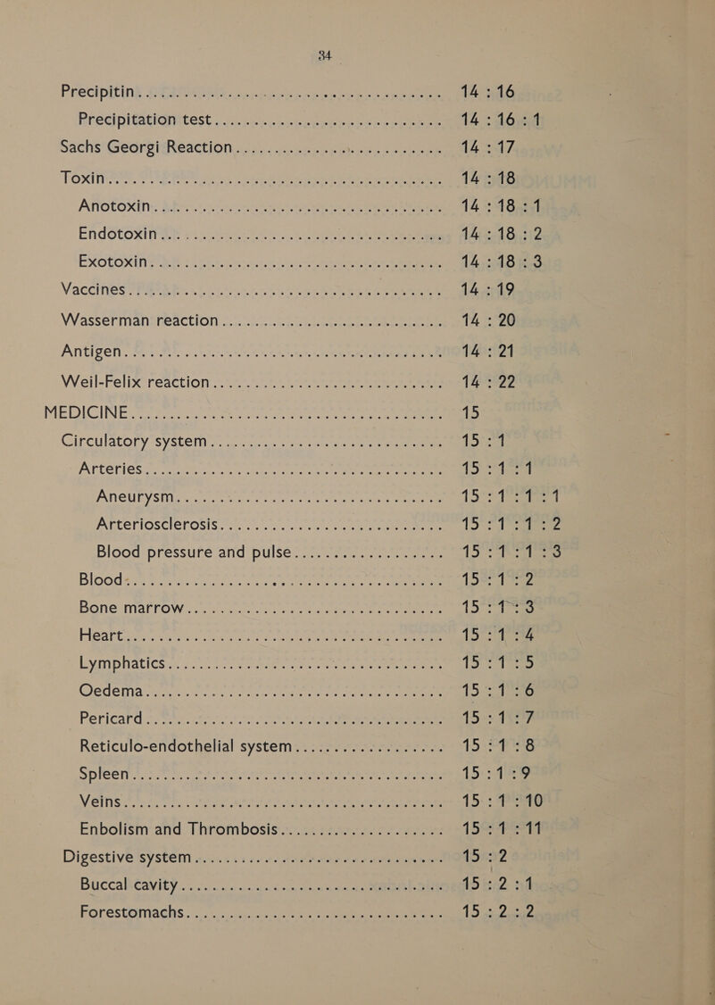 Pred pieauignitest < oo. nee cecbepeeers seer cee 14: 6a Sachs*Georvitheaction.. .pchenseie oes ele 14 eat7. TOxiTRoSS. SERRE oo ag na aa a aed a 14 : 18 Ariotoxin:: Ape. i220, G5 ee eae en eee 14 2165801 EndGtoxlPap nia eee. oe en ee ee 1418 che EXOPOXIN ZR <5 ob Cystic 8 vet eee ee 14:18:3 Vaccines Far ARs 2 sont Cis Sole Gees Rien, 14.349 Wasserman=neaction ..\...2-2 hone pees eee eee 14 : 20 Antigen. oi 0h 2 ns: S nn ate an ee eee nee Oe 14: 21 Weil-Feltix’reaction. 4-40.05 5°45 40 hee eee ees Ta s222 MEDICINE: S2 tae 3 Stel etna eee 2c ee 15 Circulatory SYStem:. cc tue se heen eee a Poppe PVLOVIGS tone inn oe eee nea ae me Pir ee tn | 1S soled PTI CUY Sitkewrae ete et cyce 2 tices capes ee ee 4 Pe baie beds PNILELIOSCICrOSIS fcye ca ess ahcce st eee nee ee 15° 2 ae Blood: pressufe:and) Pulse? 25a eee 4 he Bate oer BloOdses Stee et aoe eet ne oe 132 BOneGsmalroWsssc iccwedin- cer ecan: tecgnceheet oe ent ene Pe tet ge nace Hearts ccna: ee cor eect anne ee 15° bymipiiaticsie 0 cena arene Bape tuctarice sn ATG! 13: las Qedeiia scat ts sone Che aes Chee oe ee Toe Pericald enn eic gti st ota ee ee 15+: Reticulo-endothelial system.........6....5.... Ie hkl oho STORET tc tic ie cate gee nett ath ne ae ACs Wace ares 15+ ieee NiGTTIS SP ork eas Un IT la keeles te Demeere 15: re Enbolism:and. Tirrom bostsitce se nes oe tes 15ST Digestive SYSt@M iciiinc 4 1 fete THe Ao ot eet are ones 15:2 BoccalhGaviby -~ cin vx wii ik bw twa aes ADS kad vf POrestenacits . .. bo .\.gyuies ctor > see 15 ata deneee