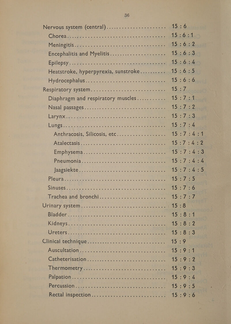 GhOReda at Aa cnc eae ee eo ae a De Meningitis a8. 0.000. sess Ais Encephalitissand Myelitis..............+...: 13s Epilepsye ae csi eile ae vorinesenieae 1 Dyas Heatstroke, hyperpyrexia, sunstroke.......... 15% Hydrocephalus... -.... fe ae Respiratory system. 2)... 0... os as eee eee 15k Diaphragm and respiratory muscles........... (Fore Nasal passages......... Voie tial cael 1D LaryaxXcws ac. ne i ee es edie 15 LUA GS 7s see ee ese ane fe ah) er 15 Anthracosis, Silicosis, etc... ......... . eee 15 Atalectasis. 40. 5 nc. i es oe 15 Emphiysema......255 2.33542). 4 405 err Re his Pneumonia: i. cess, See iS): WADSSIOKCC a oS sccica ngiese le ete cog rr 15m PIG Ua ceca stort Oho oc at yads ok 1S3 SINUSCS 20a hc oes, oes 15 Jmacheavand bronchi)... ..n 2s 2 ee eee 15 Urinary System. < isc. 2.5. .cws cane ost 1s Bladder 3. 300s sicceeg chs os, 1D KiNG YS sate eats > oe sk AS: Uretersae re stage ket ne en hoe Clinicalitectinlguesd.s:.. 0... sinus eae en {BEF Auscultationt ae AS. ea ee tom I heriniGmetry Agee... ess eee ee BLP ne Palpation ..:gsc «s.r sacs ee oe hee Percussion cco cise ee eee 1D ook Oo oOo KR W PP SES OW Oa pS ROR NRO oN m Fe wd ry = © 0 0 0 OO OO KO WaODwWWON NNN NN NN NN NNN OD OW DOO BW CO mek Ou ee ®W wpe =