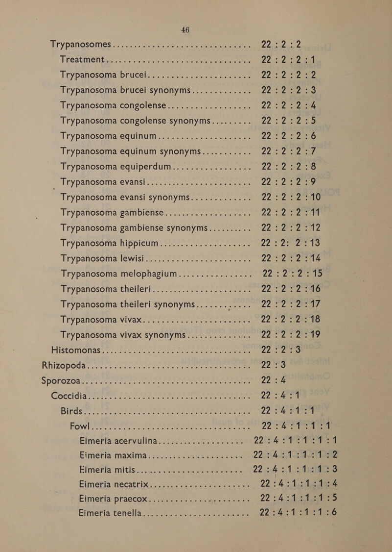 Trypanosomes 23 ee un ee eee a BH ONY ‘TReabmenian. . 5s eee oa Ree eee 22 cutee Trypanosqma price 47. nur ee. eee 22) 2.carene Trypanosoma brucei synonyms............. 22 232 Sere ‘Trypanosoma cOngolenseien cs. 2s. po eee 22 32a Trypanosoma congolense synonyms......... 22°: pee Trypanosoma equinuin 29h cee, ts ere 22:0 Lee Trypanosoma equinum synonyms........... 22 5 2an eee Trypanosoma-equiperdum.... 20,0. 7a ee 22: three hae ‘ErypanQsOma evans... wena. rte eee 22: Caren | Trypanosoma evansi synonyms............. 2250 eee Trypanosoma pamblense: .. ao. se Ah gee Trypanosoma gambiense synonyms......... . TE eee Trypanosomanipptcum:. .0sc a eee ee 22 Lee A ‘LrypanosomalGwist<...08 2% vo. spe ee 22°282. 16 Trypanosoma melophagium................ 22 Leen Trypahosoma theileri: 702... 2. eae 22 eae ee Trypanosoma theileri synonyms....... dori 22.0 2, eee Trypahosoma,viVaxe on. oan ee 22. 2.. eee Trypanosoma vivax synonyms.............. 22.2. ene PIISCOMOMNdS ees sen ite ce sae tam nen ne elo eee 22:2 2g RHIZOPOUd cis. cities eee te enone eee ee fe Loa SPOLOZOd stat Aue PUNE NEAR Rene Se Nth Ps cho 8 | 22:4 SOCCIGIA Te ster: ok ctr a ccere e Manien aseeea rere nae 225 aaa Biss sates fete eet Net ater ee 22 ar lore ROW te tte et ee cee oe eens 22 ae te Biriertaracerviulinas xs A045 298 AAn ae 22t0 2) eee Eimeria maxima: s...¢ss4tas3 04000 22 ASAIO Einiekia mitisii.. 5x. kano eee eee 22.4 1.2430 Eimenin praccox ss craters <. emer 22 cate Eimeria-tenella 2% cae <a, ie eee 22:4:1:1:1 Ou fr WD |