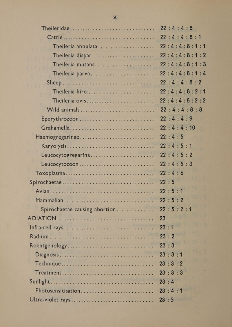 Cattlens maine. ee a wan Se eae, : Sah ae Des Thetleciatannulata of. es. te eer ee 22x Thelleria parva «ister tio oem 22 SHEGD i cae ss etd. uv caesar) 22 Thetleplawtincko se: cts oe ee ere eens 22 Theileriatovist) 25 its at es eee 22s: Wild-animals; 2:5 ...ctecsstento ee ee ee Zane EPGhYENrOZGOn segs oi ae eee See 228 Grahamellat cc.asc te ee 22 : Haemogregarinag.t <i ounces eee 22° Karyolysises:c% wv srcccrs siete rey eee eee een 77 de Leucocytoprecdrina: acces ves eee LeUucOcytOZOOn ss. ns cae teeee. eee 22 TOXxOplaSMaw. see cewt t eee ce eee ee 22 Splrochaeta@t7 st aces eee as eee 22 AVIV oes see 5 oa screenees creer fet a eer 22 Meamitaydns crc tsa: ot. eit | eae re 22 Spirochaetae causing abortion.............. 225 ADIATION fe irc se ate ere cee nee ee 23 Infra-Ped “raysi. Tiny ccc oe ctr tn get ee 23 Raddy, 22020 f 0 ta he cee tere ee 23 Roéntgenolopys ink. saree teenies re ee ee 23 : DiagriOsis To ce is teen ee ereuey ees ann ake en nae 237 Technique. A005 few sae ts ee eee 23 : Treatment ooo cia ss Soke ee eee (ax ft Sunlight. 7.75 og. a een ree ome eee 23 : Of- Ul. UT UT. Be RBS Be Bo pe POR OR eS oR Om OR op Up cA Bee BO Ob GS ch Coe nO On GY. OT 08 OPI Ge no GP a es as Ss, Ro —_ Co oO ~ Co © S Oo © .. © .. oe RO MN °° oA ot =h ox °° CO ee e won NO ee