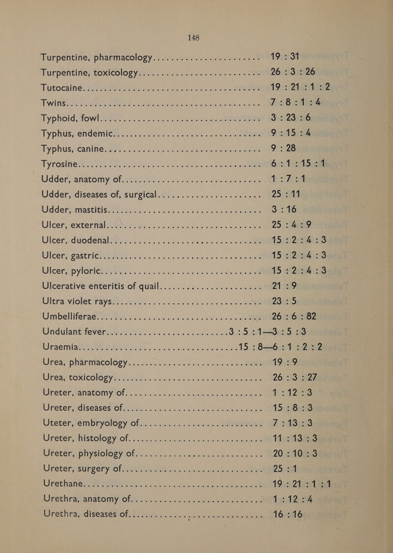 RURPENtINE.COXICO LORY Serie cect otek tet-theu eke sneer Orne 26:3: 26 RO GOCA TI Gea. Fee RN ex Parte ae ce Al oe On chy ot okt 19:: 2trndeng PT WiTRS Riche Ae khan, Weel vce Soc oe ncatier eked yee eis ta mas 708 colon Typhoid towed ie wee sor oi pcmiala See 39 wae 3. 23.26 TyphuswendemiGhre..)isemeec. na CEN 5 9 il Sens PVP RUS HCARING.cter.. 2 43 liao 4 ul Senter clare carne 9 328 TY POSINE Ar Nee a. WARNE ec al seh we. ole ae 6:0 Wadd _ Udder, ARATOMY OT es Cnainenes Sad Bla cathe on toes 2 Zied Udder, diseases oly surgicalioy.. yo 0.: 2. a. ees 25:2 11 WOR aAblitiseien ses tlie (eisGNi, co ae oan a Seid ie) UJicers external awee aia’ oss vasa aoe eey ee 25:4:9 Witersdubderal ter igs is icc oe sak ceeigan 15: 24s WI COR MoART HIE rm NN y's Meindl vas Sole aeleha Giana 15 2h 8S WICOR ED VIGKICN iawestetes Wei neteisies de etacek Oo tite anes $5 i2eie sa Ulcerative enteritis: of. quatlicic. isc fae. wee eee 2 a9, ERA VIGLOEITAYS ROA NU ON a 5 wlecdleelle dig ay ui aleta at ae 23:5 Simbel literacy aes a sicwein ose a hee 26 : 6: 82 Wngilantale vere ir wii 26 Chom ea eo laet anaes 3:5:1—8 3 UD RAS ATR CHIMPS ee i ca id dw ea boie wlpnrurule ise 15 :8—6:1:2:2 WGas Pitan ACOIOSY aid eciciei ale jones way Wile ignore ee tar? TEA LO RICONO AY etnies ae ilaluth bee ole se Batata a 26. 3:3 Mae ORSCER PAN ReO MYA. 6'4 5.44 ein hate ae ee eee Cee gape 172. UPOt Sr CISGaseerOley ny. J saiau. hia Shey ee kee eee 15) 803 USTED, EMDEYOIOGY Offi. «ine ose uid onde vere set SEP DE 7 SABES Ly FOUETE AN FSOOPWLO La’ vuoi. suns petccn cle sesh (tts dv ia) dnp acre acpi MicAsige SPOLEeED IRV SIOlGBY Olie...v.cheviarccrrcdciietastceceasne tae 20:10:3 LIPetaTfsune ery sOlannh raw hns chap ie Be une 25:1 IS reatlinG anemia RU es ch fad ash oleae Nan Aa 19 ci 2tait ee CIPStlir a ranscOMy (Obie: i.csacyserccekameeveees is ren ant ae 1:12 :4 Wrethra, diseases. of (24h ..ssaisi... Sekwiekan diene een 16 :16