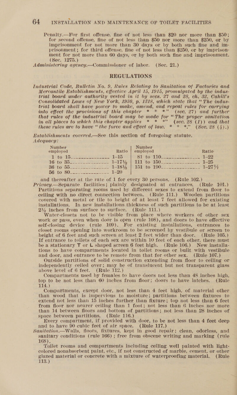 Penalty.—For first offense, fine of not less than $20 nor more than $50; for second offense, fine of not less than $50 nor more than $250, or by imprisonment for not more than 30 days or by both such fine and im- prisonment; for third offense, fine of not less than $250, or by imprison- ment for not more than 60 days, or by both such fine and imprisonment. (Sec. 1275.) Administering agency.—Commissioner of labor. (Sec. 21.) REGULATIONS Industrial Code, Bulletin No. 9, Rules Relating to Sanitation of Factories and Mercantile Establishments, effective April 15, 1915, promulgated by the indus- trial board under authority vested in it by sees. 27 and 28, ch. 32, Cahill’s Consolidated Laws of New York, 1930, p. 1318, which state that “The indus- trial board shall have power to make, amend, and repeal rules for carrying into effect the provisions of this chapter * * *” (see. 27) and further that rules of the industrial board may be made for “The proper sanitation in all places to which this chapter applies * * *” (sec. 28 (1)) and that these rules are to have “ the force and effect of law. * * *,’ (See. 28 (4).) Establishments covered.—See this section of foregoing statute. Adequacy: Number Number employed Ratio | employed Ratio PGC (MGI Baie ls teed 1-15 STi To TE EEO Se ap 1-22 LG: te Soi. 20. SIS NEe 19 e OF be Ee eee 1-25 BG} to Bot MO1G ols a J 120648 St TOP SO T9052 2 eee 8 1-2714 OB TO GO 20M Shr ee 1-20 and thereafter at the rate of 1 for every 30 persons. (Rule 102.) Privacy.—Separate facilities; plainly designated at entrances. (Rule 101.) Partitions separating rooms used by different sexes to extend from floor to ceiling with no direct connection between. (Rule 111.) Wooden partitions © covered with metal or tile to height of at least 7 feet allowed for existing installations. In new installations thickness of such partitions to be at least 214 inches from surface to surface. (Rule 111.) Water-closets not to be visible from place where workers of other sex work or pass, even when door is open (rule 108), and doors to have effective self-closing device (rule 109). For existing installations, entrances to closet rooms opening into workroom to be screened by vestibule or screen to height of 6 feet and such screen at least 2 feet wider than door. (Rule 105.) If entrance to toilets of each sex are within 10 feet of each other, there must be a stationary T or L shaped screen 6 feet high. (Rule 106.) New installa- tions to have compartments located in toilet rooms or built with vestibule and door, and entrance to be remote from that for other sex. (Rule 107.) Outside partitions of solid construction extending from floor to ceiling or independently ceiled over; may be of translucent but not transparent glass above level of 6 feet. (Rule 112.) Compartments used by females to have doors not less than 48 inches high, top to be not less than 60 inches from floor; doors to have latches. (Rule 114.) Compartments, except door, not less than 4 feet high, of material other than wood that is impervious to moisture; partitions between fixtures to extend not less than 15 inches further than fixture; top not less than 6 feet from floor nor nearer ceiling than 1 foot; not less than 6 inches nor more than 14 between floors and bottom of partitions; not less than 28 inches of space between partitions. (Rule 116.) Every compartment, if provided with door, to be not less than 4 feet deep and to have 90 cubic feet of air space. (Rule 117.) Sanitation.—Walls, floors, fixtures, kept in good repair; clean, odorless, and sanitary conditions (rule 166) ; free from obscene writing and marking (rule 168). Toilet rooms and compartments including ceiling well painted with light- colored nonabsorbent paint, ete., if not constructed of marble, cement, or other glazed material or concrete with a mixture of waterproofing material. (Rule 113.)