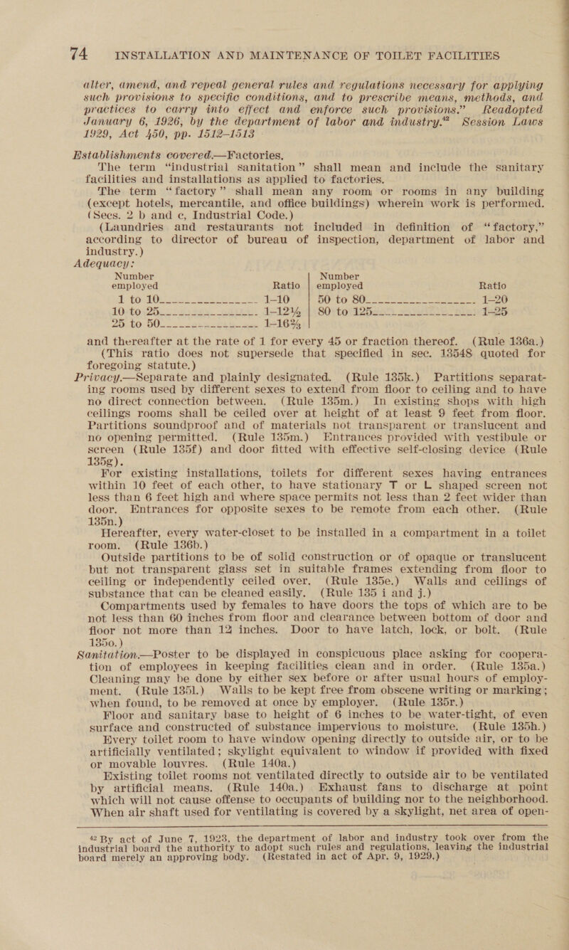 alter, amend, and repeal general rules and regulations necessary for applying such provisions to specific conditions, and to prescribe means, methods, and practices to carry into effect and enforce such provisions.” Readopted January 6, 1926, by the department of labor and industry.” Session Laws 1929, Act 450, pp. 1512-1513 The term “industrial sanitation” shall mean and include the sanitary facilities and installations as applied to factories. The term “factory” shall mean any room or rooms in any building (except hotels, mercantile, and office buildings) wherein work is performed. (Sees. 2 b and ec, Industrial Code.) (Laundries and restaurants not included in definition of ‘ factory,” according to director of bureau of inspection, department of labor and industry. ) . Adequacy: . Number Number employed Ratio | employed Ratio 2 tO Bee oe 1-10 so et Bo Wc. « lie Mint ad teat taliay WE aE ena 1-20 1Ob0 2565255365. catee 14-1246) 4 (SO tetaebes: sowie. nie! 1-25 20.00 DU. 2. 2eh echt hae. 1-16% and thereafter at the rate of 1 for every 45 or fraction thereof. (Rule 136a.) (This ratio does not supersede that specified in see. 13548 quoted for foregoing statute.) Privacy.—Separate and plainly designated. (Rule 135k.) Partitions separat- ing rooms used by different sexes to extend from floor to ceiling and to have no direct connection between. (Rule 135m.) In existing shops with high ceilings rooms shall be ceiled over at height of at least 9 feet from floor. Partitions soundproof and of materials not transparent or translucent and no opening permitted. (Rule 135m.) Entrances provided with vestibule or screen (Rule 185f) and door fitted with effective self-closing device (Rule 135g). For existing installations, toilets for different sexes having entrances within 10 feet of each other, to have stationary T or L shaped screen not less than 6 feet high and where space permits not less than 2 feet wider than door. Entrances for opposite sexes to be remote from each other. (Rule 1385n. ) Hereafter, every water-closet to be installed in a compartment in a toilet room. (Rule 186b.) Outside partitions to be of solid construction or of opaque or translucent but not transparent glass set in suitable frames extending from floor to ceiling or independently ceiled over. (Rule 135e.) Walls and ceilings of substance that can be cleaned easily. (Rule 135 i and j.) Compartments used by females to have doors the tops of which are to be not less than 60 inches from floor and clearance between bottom of door and floor not more than 12 inches. Door to have latch, lock, or bolt. (Rule 1350. ) Sanitation.—Poster to be displayed in conspicuous place asking for coopera- tion of employees in keeping facilities clean and in order. (Rule 135a.) Cleaning may be done by either sex before or after usual hours of employ- ment. (Rule 1351.) Walls to be kept free from obscene writing or marking ; when found, to be removed at once by employer. (Rule 135r.) Floor and sanitary base to height of 6 inches to be water-tight, of even surface and constructed of substance impervious to moisture. (Rule 135h.) Every toilet room to have window opening directly to outside air, or to be artificially ventilated; skylight equivalent to window if provided with fixed or movable louvres. (Rule 140a.) Existing toilet rooms not ventilated directly to outside air to be ventilated by artificial means. (Rule 140a.) Exhaust fans to discharge at point which will not cause offense to occupants of building nor to the neighborhood. When air shaft used for ventilating is covered by a skylight, net area of open-  42 By act of June 7, 1923, the department of labor and industry took over from the board merely an approving body. (Restated in act of Apr. 9, 1929.) is