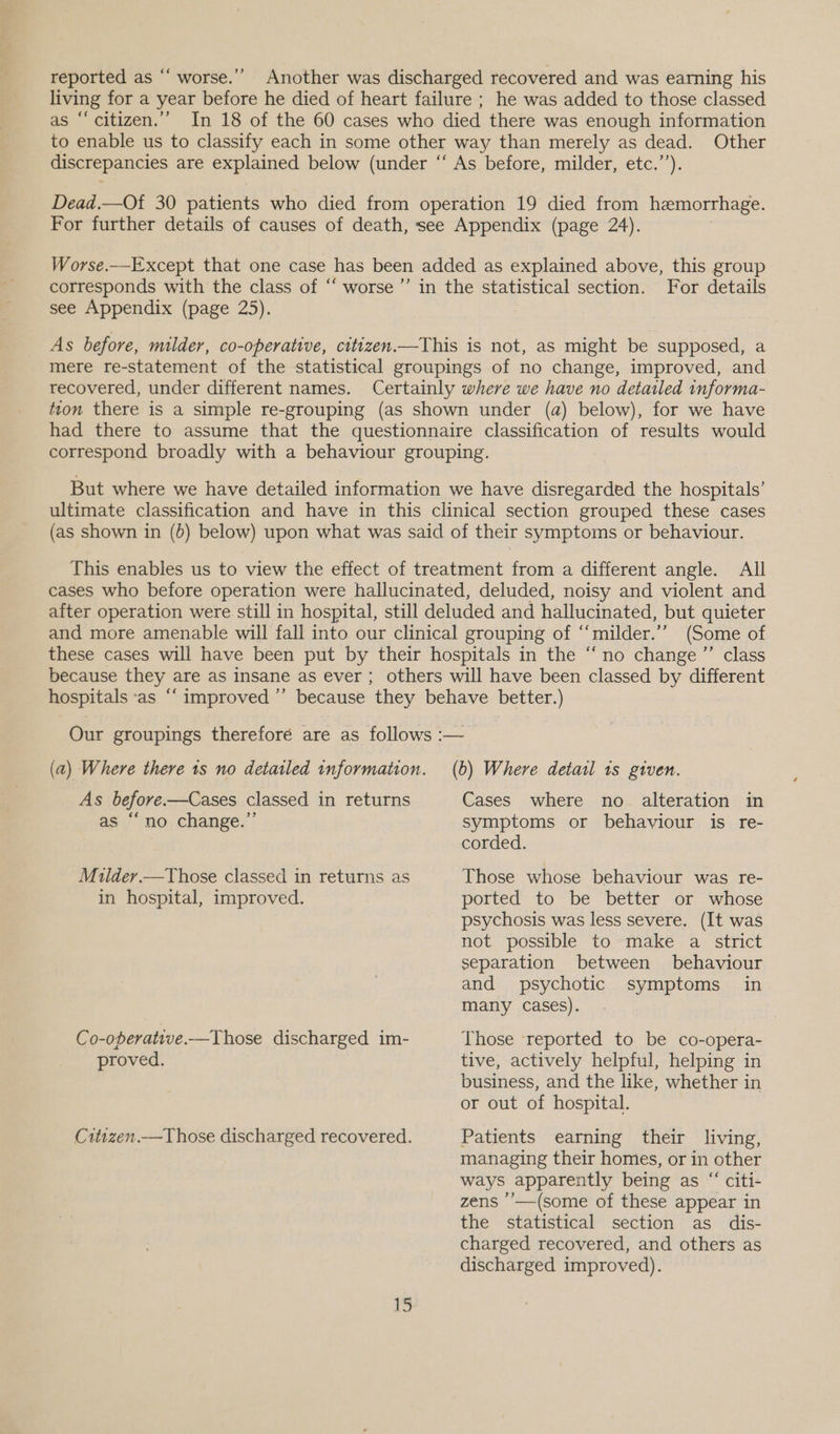reported as “ worse.’ Another was discharged recovered and was earning his living for a year before he died of heart failure ; he was added to those classed as “citizen.”’ In 18 of the 60 cases who died there was enough information to enable us to classify each in some other way than merely as dead. Other discrepancies are explained below (under “‘ As before, milder, etc.”’). Dead.—Of 30 patients who died from operation 19 died from haemorrhage. For further details of causes of death, see Appendix (page 24). | Worse.—Except that one case has been added as explained above, this group corresponds with the class of “‘ worse ’’ in the statistical section. For details see Appendix (page 25). As before, milder, co-operative, citizen.—This is not, as might be supposed, a mere re-statement of the statistical groupings of no change, improved, and recovered, under different names. Certainly where we have no detailed informa- tion there is a simple re-grouping (as shown under (a) below), for we have had there to assume that the questionnaire classification of results would correspond broadly with a behaviour grouping. But where we have detailed information we have disregarded the hospitals’ ultimate classification and have in this clinical section grouped these cases (as shown in (6) below) upon what was said of their symptoms or behaviour. This enables us to view the effect of treatment from a different angle. All cases who before operation were hallucinated, deluded, noisy and violent and after operation were still in hospital, still deluded and hallucinated, but quieter and more amenable will fall into our clinical grouping of ‘“‘milder.’’ (Some of these cases will have been put by their hospitals in the “no change ”’ class because they are as insane as ever ; others will have been classed by different hospitals -as “‘ improved ’’ because they behave better.) Our groupings therefore are as follows :— (a) Where there 1s no detailed tnformation. (b) Where detail ts given. As before.—Cases classed in returns Cases where no. alteration in as “‘no change.” symptoms or behaviour is re- corded. Miulder.—Those classed in returns as Those whose behaviour was re- in hospital, improved. ported to~ be better “or whose psychosis was less severe. (It was not possible to make a strict separation between behaviour and psychotic symptoms in many cases). Co-operative.—Those discharged im- Those reported to be co-opera- proved. tive, actively helpful, helping in business, and the like, whether in or out of hospital. Citizen.—Those discharged recovered. Patients earning their living, managing their homes, or in other ways apparently being as “ citi- zens '’—(some of these appear in the statistical section as dis- charged recovered, and others as discharged improved).