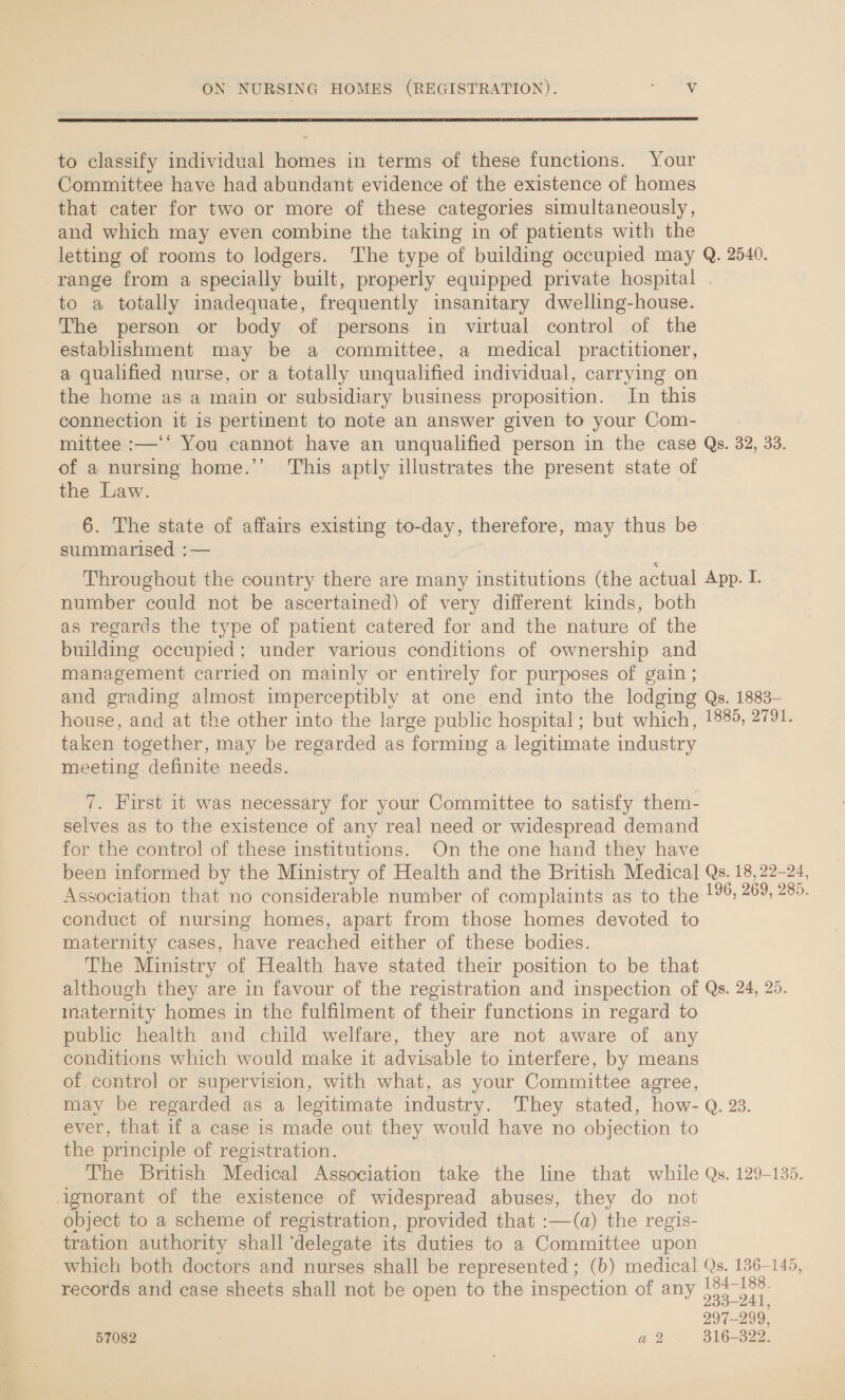  to classify individual homes in terms of these functions. Your Committee have had abundant evidence of the existence of homes that cater for two or more of these categories simultaneously, and which may even combine the taking in of patients with the letting of rooms to lodgers. The type of building occupied may Q. 2540. range from a specially built, properly equipped private hospital - to a totally inadequate, frequently insanitary dwelling-house. The person or body of persons in virtual control of the establishment may be a committee, a medical practitioner, a qualified nurse, or a totally unqualified individual, carrying on the home as a main or subsidiary business proposition. In this connection it is pertinent to note an answer given to your Com- mittee :—‘‘ You cannot have an unqualified person in the case Qs. 32, 33. of a nursing home.’ ‘This aptly illustrates the present state of the Law. 6. The state of affairs existing to-day, therefore, may thus be summarised :— Throughout the country there are many institutions (the actual App. I. number could not be ascertained) of very different kinds, both as regards the type of patient catered for and the nature of the building occupied; under various conditions of ownership and management carried on mainly or entirely for purposes of gain ; and grading almost imperceptibly at one end into the lodging Qs. 1883- house, and at the other into the large public hospital; but which, 1889, 2791. taken together, may be regarded as forming a legitimate industry meeting definite needs. 7. First it was necessary for your Committee to satisfy them- selves as to the existence of any real need or widespread demand for the control of these institutions. On the one hand they have been informed by the Ministry of Health and the British Medical Qs. 18, 22-24, Association that no considerable number of complaints as to the 1%: 269, 285. conduct of nursing homes, apart from those homes devoted to maternity cases, have reached either of these bodies. The Ministry of Health have stated their position to be that although they are in favour of the registration and inspection of Qs. 24, 25. maternity homes in the fulfilment of their functions in regard to public health and child welfare, they are not aware of any conditions which would make it advisable to interfere, by means of control or supervision, with what, as your Committee agree, may be regarded as a legitimate industry. They stated, how- Q. 23. ever, that if a case is made out they would have no objection to the principle of registration. The British Medical Association take the line that while Qs. 129-135. ignorant of the existence of widespread abuses, they do not object to a scheme of registration, provided that :—(a) the regis- tration authority shall ‘delegate its duties to a Committee upon which both doctors and nurses shall be represented ; (b) medical Qs. 136-145, records and case sheets shall not be open to the inspection of any os 297- 299. 57082 pine Gae 316-322.