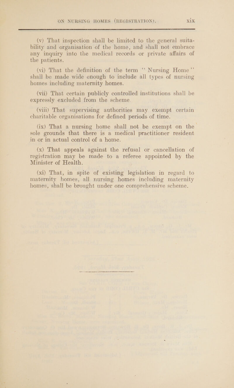  (v) That inspection shall be limited to the general suita- bility and organisation of the home, and shall not embrace any inquiry into the medical records or private affairs of the patients. (vi) That the definition of the term ‘‘ Nursing Home’’ shall be made wide enough to include all types of nursing homes including maternity homes. (vii) That certain publicly controlled institutions shall be expressly excluded from the scheme. (vill) That supervising authorities may exempt certain charitable organisations for defined periods of time. (ix) That a nursing home shall not be exempt on the sole grounds that there is a medical practitioner resident in or in actual control of a home. (x) That appeals against the refusal or cancellation of registration may be made to a referee appointed by the Minister of Health. (xi) That, in spite of existing legislation in regard to maternity homes, all nursing homes including maternity homes, shall be brought under one comprehensive scheme. Lm RR PR