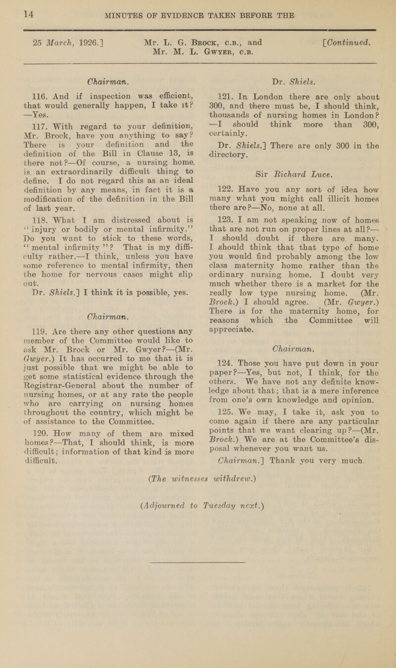  25 March, 1926. |  [ Continued. Chairman. 116. And if inspection was efficient, that would generally happen, I take it? —Yes. 117. With regard to your definition, Mr. Brock, have you anything to say? There is your’ definition and_ the definition of the Bill in Clause 13, is there not?—Of course, a nursing home. is. an extraordinarily difficult thing to define. I do not regard this as an ideal modification of the definition in the Bill of last year. 118. What I am distressed about is ‘injury or bodily or mental infirmity.’’ Do you want to stick to these words, ‘‘ mental infirmity ’’’? That is my diffi- eulty rather.—I think, unless you have some reference to mental infirmity, then the home for nervous cases might slip out. Dr. Shiels.] I think it is possible, yes. Chairman. 119. Are there any other questions any member of the Committee would like to ask Mr. Brock or Mr. Gwyer?—(Mr. Gwyer.) It has occurred to me that it is just possible that we might be able to get some statistical evidence through the Registrar-General about the number of nursing homes, or at any rate the people who are carrying on nursing homes throughout the country, which might be of assistance to the Committee. 120. How many of them are mixed homesP—That, I should think, is: more difficult ; information of that kind is more difficult. Dr. Shiels. 121. In London there are only about 300, and there must be, I should think, thousands of nursing homes in London? —I should think more than 300, certainly. Dr. Shiels.] There are only 300 in the directory. Sir Richard Luce. 122. Have you any sort of idea how many what you might call illicit homes there are?—No, none at all. 123. I am not speaking now of homes that are not run on proper lines at all?— T should doubt if there are many. IT should think that that type of home you would find probably among the low class maternity home rather than the ordinary nursing home. I doubt very much whether there is a market for the really low type nursing home. (Mr. Brock.) I should agree. (Mr. Gwyer.) There is for the maternity home, for reasons which the Committee will appreciate. Chairman. 124. Those you have put down in your paper ?—Yes, but not, I think, for the others. We have not any definite know- ledge about that; that is a mere inference . from one’s own knowledge and opinion. 125. We may, I take it, ask you to come again if there are any particular points that we want clearing up?—(Mr. Brock.) We are at the Committee’s dis- posal whenever you want us. Chairman.] Thank you very much.