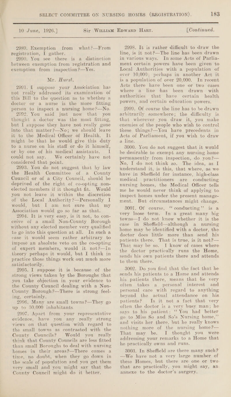 10 June, 1926.] [ Continued.  2989. Exemption from what?—From registration, I gather. 2990. You see there is a distinction between exemption from registration and exemption from inspection ?—Yes. Mr. Hurst. 2991. I suppose your Association has not really addressed its examination of this Bill to the question as to whether a doctor or a nurse is the more fitting person to inspect a nursing home?—No. 2992. You said just now that you thought a doctor was the most fitting, but I suppose they have not really gone into that matter?—No; we should leave it to the Medical Officer of Health. It ‘might be that he would give this duty tc a nurse on his staff or do it himself, or by one of his medical assistants. I could not say. We certainly have not considered that point. 2993. You do not suggest that by law the Health Committee of a County Council or of a City Council, should be deprived of the right of co-opting non- elected members if 1t thought fit. Would you not leave it within the discretion of the Local Authority?—Personally I would, but I am not sure that my Association would go so far as that. 2994. It is very easy, is it not, to con- celve of a small Non-County Borough without any elected member very qualified to go into this question at all. In such a case it would seem rather arbitrary to impose an absolute veto on the co-opting of expert members, would it not?—In theory perhaps it would, but I think in practice those things work out much more satisfactorily. 2995. I suppose it is because of the strong views taken by the Boroughs that you take objection in your evidence to the County Council dealing with a Non- County Borough?—There is strong feel- ing, certainly. 2996. Many are small towns?—They go up to 50,000 inhabitants. 2997. Apart from your representative evidence, have you any really strong views on that question with regard to the small towns as contrasted with the County Councils? Would you _ really think that County Councils are less fitted than small Boroughs to deal with nursing homes in their areas?—There comes a time, no doubt, when they go down in the scale of population and you get them very small and you might say that the County Council might do it better. 2998. It is rather difficult to draw the line, is it not?—The line has been drawn in various ways. In some Acts of Parlia- ment certain powers have been given to. Local Authorities with a population of over 10,0090; perhaps in another Act it is a population of over 20,000. In recent Acts there have been one or two cases where a line has been drawn with authorities that have certain health powers, and certain education powers. 2999. Of course the line has to be drawn arbitrarily somewhere; the difficulty is that wherever you draw it, you make enemies of the people who wish to control these things?—You have precedents in Acts of Parliament, if you wish to draw a line. 3000. You do not suggest that it would be desirable to exempt any nursing home- permanently from inspection, do you?— No, I do not think so. The idea, as I understand it, is this, that where, as we have in Sheffield for instance, high-class medical practitioners are conducting nursing homes, the Medical Officer tells me he would never think of applying to. inspect homes under the present manage- ment. But circumstances might change. 3001. Of ‘course, “‘ conducting ”’..1s. a very loose term. In a great many big towns—I do not know whether it is the case in Sheffield—although a nursing home may be identified with a doctor, the doctor does little more than send his patients there. That is true, is it not?— That may be so. I know of cases where: the doctor practically runs the Home, sends his own patients there and attends to them there. 3002. Do you find that the fact that he sends his patients to a Home and attends his patients there, means that he very often takes a personal interest and personal care with regard to anything beyond the actual attendance on his patients?: Is it not a fact that very often the doctor is a very busy man; he says to his patient: ‘‘ You had better 20 to Miss So and So’s Nursing home,”’’ and visits her there, but he really knows nothing more of the nursing home ?— That may be. I thought you were addressing your remarks to a Home that he practically owns and runs. 3003. In Sheffield are there many such? —We have not a very large number of these Homes, but there are one or two. that are practically, you might say, an annexe to the doctor’s surgery.