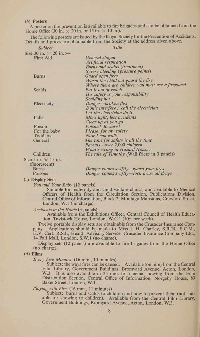 (5) Posters 7 A poster on fire prevention is available to fire brigades and can be obtained from the Home Office (30 in. x 20 in. or 15 in. X 10 in.). The following posters are issued by the Royal Society for the Prevention of Accidents. Details and prices are obtainable from the Society at the address given above. Subject Title Size 30 in. X 20 in.:— First Aid General slogan Artificial respiration Burns and scalds (treatment) Severe bleeding (pressure points) Burns Guard open fires Warm the child but guard the fire Where there are children you must use a fireguard Scalds Put it out of reach His safety is your responsibility Scalding hot Electricity Danger—broken flex Don’t interfere ; call the electrician Let the electrician do it Falls More light, less accidents Clear up as you go Poison Poison! Beware! For the baby Please, for my safety Toddlers Now I can walk General The time for safety is all the time Parents—over 2,000 children What's wrong in Hazard House ? Children The tale of Timothy (Wall frieze in 3 panels) Size Sin. X 15 in.:— (fluorescent) Burns Danger comes swiftly—guard your fires Poisons Danger comes swiftly—lock away all drugs (c) Display Sets You and Your Baby (12 panels) Suitabie for maternity and child welfare clinics, and available to Medical Officers of Health from the Circulation Section, Publications Division, Central Office of Information, Block 2, Montagu Mansions, Crawford Street, London, W.1 (no charge). Accidents in the Home (3 panels) Available from the Exhibitions Officer, Central Council of Health Educa- tion, Tavistock House, London, W.C.1 (10s. per week). Twelve portable display sets are obtainable from the Crusader Insurance Com- pany. Applications should be made to Miss I. H. Charley, S.R.N., S.C.M., H.V. Cert. R.S.I., Health Advisory Service, Crusader Insurance Company Ltd., 14 Pall Mall, London, S.W.1 (no charge). Display sets (12 panels) are available to fire brigades from the Home Office (no charge). (d) Films Every Five Minutes (16 mm., 10 minutes) Subject: the ways fires can be caused. Available (on hire) from the Central Film Library, Government Buildings, Bromyard Avenue, Acton, London, W.3. It is also available in 35 mm. for cinema showing from the Film Distribution Section, Central Office of Information, Norgeby House, 83 Baker Street, London, W.1. Playing with Fire (16 mm., 11 minutes) Subject: burns and scalds to children and how to prevent them (not suit- able for showing to children). Available from the Central Film Library, Government Buildings, Bromyard Avenue, Acton, London, W.3.