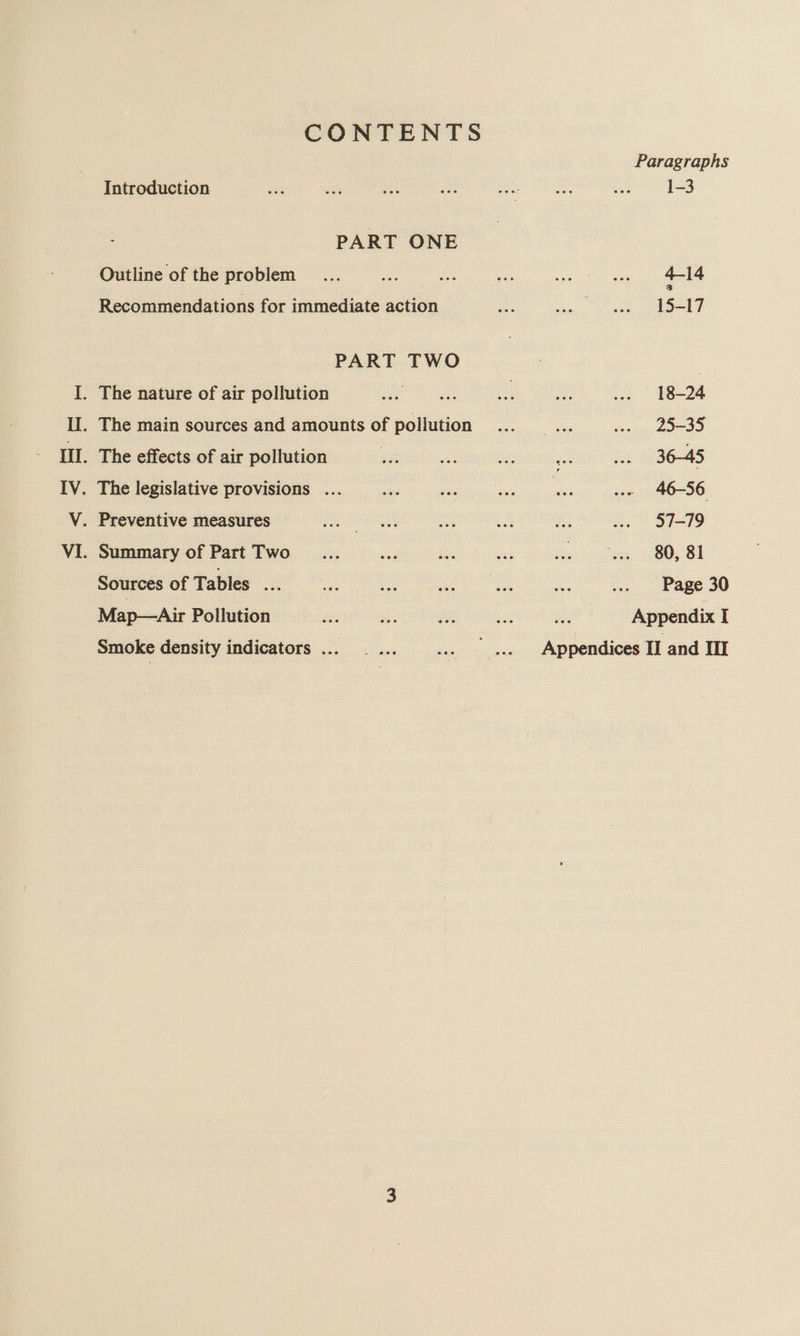 CONTENTS Introduction PART ONE Outline of the problem Recommendations for immediate action PART TWO Sources of Tables a Map—Air Pollution Paragraphs 1-3 4-14 15-17 18-24 25-35 ue 1 36=A5 .- 46-56 57-79 80, 81 Page 30 Appendix I