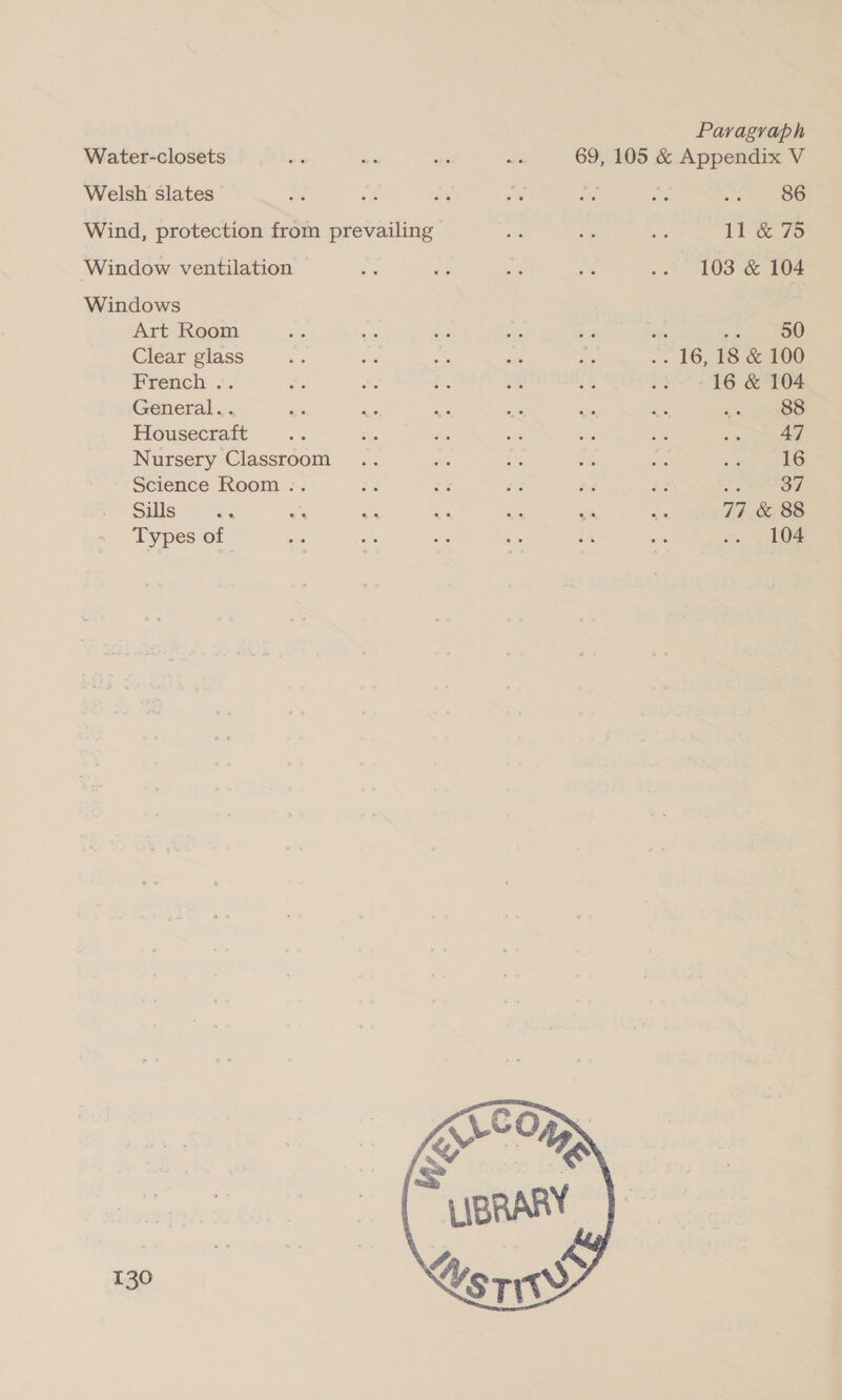 Water-closets Welsh slates — Wind, protection from prevailing Window ventilation Windows Art Room Clear glass French .. General... Housecraft Nursery Classroom Science Room .. Sills ae : Types of 130 Paragraph 69, 105 &amp; Appendix V oe SO ft C75 103 &amp; 104 50 .. 16, 18 &amp; 100 16 &amp; 104 