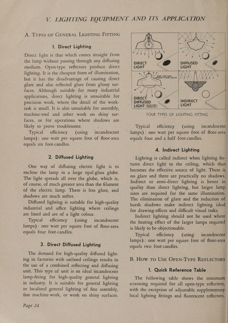 A. TYPES OF GENERAL LIGHTING FITTING 1. Direct Lighting the lamp without passing through any diffusing - medium. Open-type reflectors produce direct lighting. It is the cheapest form of illumination, but it has the disadvantage of causing direct glare and also reflected glare from glossy sur- faces. Although suitable for many industrial applications, direct lighting is unsuitable for precision work, where the detail of the work- task is small. It is also unsuitable for assembly, machine-tool and other work on shiny sur- faces, or for operations where shadows are likely to prove troublesome. Typical efficiency (using incandescent lamps): one watt per square foot of floor-area equals six foot-candles. 2. Diffused Lighting One way of diffusing electric light is to enclose the lamp in a large opal-glass globe. of course, of much greater area than the filament of the electric lamp. There is less glare, and shadows are much softer. - : Diffused lighting is suitable for high-quality industrial and office lighting where ceilings are lined and are of a light colour. Typical efficiency (using incandescent lamps): one watt per square foot of floor-area equals four foot-candles. 3. Direct Diffused Lighting The demand for high-quality diffused light- ing in factories with unlined ceilings results in the use of a combined reflecting and diffusing unit. This type of unit is.an ideal incandescent lamp-fitting for high-quality general lighting in industry. It is suitable for general lighting or localized general lighting of fine assembly, fine machine-work, or work on shiny surfaces. Page 24       m4 / We SOME LIGHT GOES i) 7 UPWARDS TO DISPEL GLOOM          DIRECT , DIFFUSED < - LIGHT (8888) FOUR TYPES OF LIGHTING FITTING. INDIRECT LIGHT   Typical efficiency (using incandescent equals four and a half foot-candles. 4. Indirect Lighting becomes the effective source of light. There is no glare and there are practically no shadows. Indirect or semi-direct lighting is better in quality than direct lighting, but larger lamp sizes are required for the same illumination. The elimination of glare and the reduction of harsh shadows make indirect lighting ideal is likely to be objectionable. Typical efficiency (using lamps): one watt per square foot of floor-area 1. Quick Reference Table screening required for all open-type reflectors, local lighting fittings and fluorescent reflectors. |