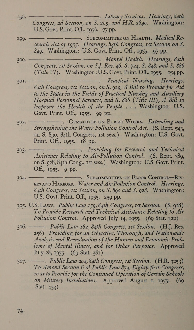 305: 74          . Library Services.. Hearings, 84th Congress, 2d Session, on S. 205, and H.R. 2840. Washington: U.S. Govt. Print. Off., 1956. 77 pp. . SUBCOMMITTEE ON HEALTH. Medical Re- search Act of 1955. Hearings, 84th Congress, 1st Session on S. 849. Washington: U.S. Govt. Print. Off., 1955. 97 pp. . Mental Health. Hearings, 84th Congress, 1st Session, on S.J]. Res. 46, S. 724, S. 848, and S. 886 (Title VI). Washington: U.S. Govt. Print. Off., 1955. 154 pp. Practical Nursing. Hearings, 54th Congress, 1st Session, on S. 929, A Bill to Provide for Aid to the States in the Fields of Practical Nursing and Auxiliary Hospital Personnel Services, and S. 886 (Title Ill), A Bill to Improve the Health of the People . . . Washington: U.S. Govt. Print. Off., 1955. 99 pp.             . CoMMITTEE ON Pustic Works. Extending and Strengthening the Water Pollution Control Act. (S. Rept. 543, on S. 890, 84th Congress, 1st sess.) Washington: U.S. Govt. Print. Off., 1955. 18 pp. Providing for Research and Technical Assistance Relating to Air-Pollution Control. (S. Rept. 380, on S. 928, 84th Cong., 1st sess.) Washington: U.S. Govt. Print. Off., 1955. 9 pp.   . SUBCOMMITTEE ON FLoop ContTrot—Riv- ERS AND Harsors. Water and Air Pollution Control. Hearings, 84th Congress, 1st Session, on S. 890 and S. 928. Washington: US. Govt. Print. Off., 1955. 259 pp.   To Provide Research and Technical Assistance Relating to Air Pollution Control. Approved July 14, 1955. (69 Stat. 322) . Public Law 182, 84th Congress, rst Session. (H.J. Res. 256) Providing for an Objective, Thorough, and Nationwide Analysis and Reevaluation of the Human and Economic Prob- lems of Mental Illness, and for Other Purposes. Approved July 28, 1955. (69 Stat. 381) . Public Law 204, 84th Congress, 1st Session. (H.R. 3253) To Amend Section 6 of Public Law 874, Eighty-first Congress, so as to Provide for the Continued Operation of Certain Schools — on Military Installations. Approved August 1, 1955. (69 Stat. 433)