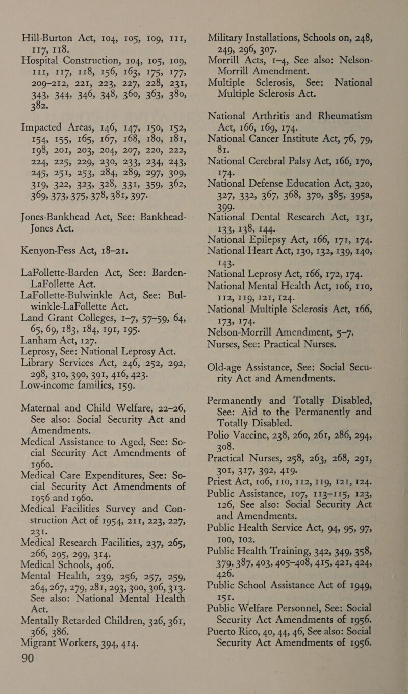 117, Tio; Hospital Construction, 104, 105, 109, LET SII; TIo yt sOs 0s, Uae er 77, 200-212, 7221 38h 207, Fo28roa5, 343» 344, 346, 348, 360, 363, 380, 382. Impacted Areas, 146, 147, 150, 152, 154, 155, 165, 167, 168, 180, 181, 198, 201, 203, °204,°207, 220,. 222. 224, 225, 229, 230, 233, 234, 243, 245, 251, 253, 284, 289, 297, 309, 319, 322, 323, 328, 331, 359, 362, 369, 373, 375> 378, 381, 397- Jones-Bankhead Act, See: Bankhead- Jones Act. Kenyon-Fess Act, 18-21. LaFollette-Barden Act, See: Barden- LaFollette Act. LaFollette-Bulwinkle Act, See: Bul- winkle-LaFollette Act. Land Grant Colleges, 1-7, 57-59, 64, 65, 69, 183, 184, 191, 195. Lanham Act, 127. Leprosy, See: National Leprosy Act. Library Services Act, 246, 252, 292, 298, 310, 390, 391, 416, 423. Low-income families, 159. Maternal and Child Welfare, 22-26, See also: Social Security Act and Amendments. Medical Assistance to Aged, See: So- cial Security Act Amendments of 1960. Medical Care Expenditures, See: So- cial Security Act Amendments of 1956 and 1960. Medical Facilities Survey and Con- struction Act of 1954, 211, 223, 227, 231. Medical Research Facilities, 237, 265, 266, 295, 299, 314. Medical Schools, 406. Mental Health, 239, 256, 257, 259, 264, 267, 279, 281, 293, 300, 306, 313. See also: National Mental Health Act. Mentally Retarded Children, 326, 361, 366, 386. Migrant Workers, 394, 414. 90 249, 296, 307. orrill Acts, 1-4, See also: Nelson- Morrill Amendment. Multiple Sclerosis, See: Multiple Sclerosis Act. National National Arthritis and Rheumatism Act, 166, 169, 174. National Cancer Institute Act, 76, 79, 81. National Cerebral Palsy Act, 166, 170, os ha i National Defense Education Act, 320, oP 367, 368, 370, 385, 3054, Nanonal Dental Research Act, 131, 133, 138, 144. National Epilepsy Act, 166, 171, 174. National Heart Act, 130, 132, 139, 140, 143. National Leprosy Act, 166, 172, 174. National Mental Health Act, 106, 110, I12, 119, 121, 124. National Multiple Sclerosis Act, 166, 173, 174- Nelson-Morrill Amendment, 5-7. Nurses, See: Practical Nurses. Old-age Assistance, See: Social Secu- rity Act and Amendments. Permanently and Totally Disabled, See: Aid to the Permanently and Totally Disabled. Polio Vaccine, 238, 260, 261, 286, 294, 308. Practical Nurses, 258, 263, 268, 291, 301, 317, 392, 419- Priest Act, 106, 110, I12, 119, 121, 124. Public Assistance, 107, 113-115, 123, 126, See also: Social Security Act and Amendments. Public Health Service Act, 94, 95, 97, 100, I02. Public Health Training, 342, 349, 358, 3792 387» 403: 405-408, » 415, 421, 424, 42 Public School Assistance Act of 1949, I5I. Public Welfare Personnel, See: Social Security Act Amendments of 1956. Puerto Rico, 40, 44, 46, See also: Social Security Act Amendments of 1956.