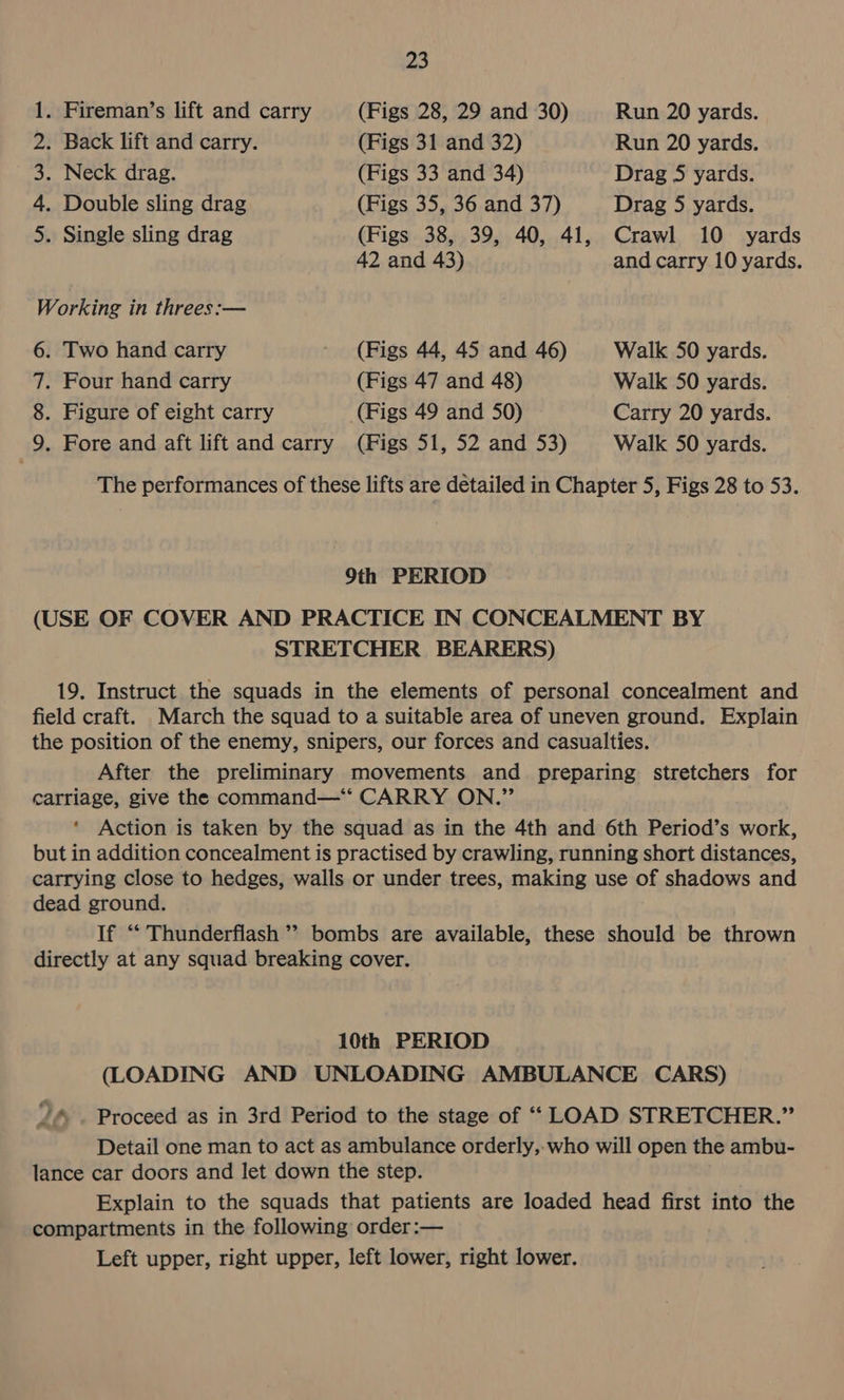 1. Fireman’s lift and carry (Figs 28, 29 and 30) Run 20 yards. 2. Back lift and carry. (Figs 31 and 32) Run 20 yards. 3. Neck drag. (Figs 33 and 34) Drag 5 yards. 4. Double sling drag (Figs 35, 36 and 37) Drag 5 yards. 5. Single sling drag (Figs 38, 39, 40, 41, Crawl 10 yards 42 and 43) and carry 10 yards. Working in threes:— 6. Two hand carry (Figs 44, 45 and 46) Walk 50 yards. 7. Four hand carry (Figs 47 and 48) Walk 50 yards. 8. Figure of eight carry (Figs 49 and 50) Carry 20 yards. 9. Fore and aft lift and carry (Figs 51, 52 and 53) Walk 50 yards. The performances of these lifts are detailed in Chapter 5, Figs 28 to 53. 9th PERIOD (USE OF COVER AND PRACTICE IN CONCEALMENT BY STRETCHER BEARERS) 19. Instruct the squads in the elements of personal concealment and field craft. March the squad to a suitable area of uneven ground. Explain the position of the enemy, snipers, our forces and casualties. After the preliminary movements and preparing stretchers for carriage, give the command—“* CARRY ON.” ‘ Action is taken by the squad as in the 4th and 6th Period’s work, but in addition concealment is practised by crawling, running short distances, carrying close to hedges, walls or under trees, making use of shadows and dead ground. If “‘ Thunderflash ” bombs are available, these should be thrown directly at any squad breaking cover. 10th PERIOD (LOADING AND UNLOADING AMBULANCE CARS) ”* . Proceed as in 3rd Period to the stage of ‘‘ LOAD STRETCHER.” Detail one man to act as ambulance orderly, who will open the ambu- lance car doors and let down the step. Explain to the squads that patients are loaded head first into the compartments in the following order:— Left upper, right upper, left lower, right lower.