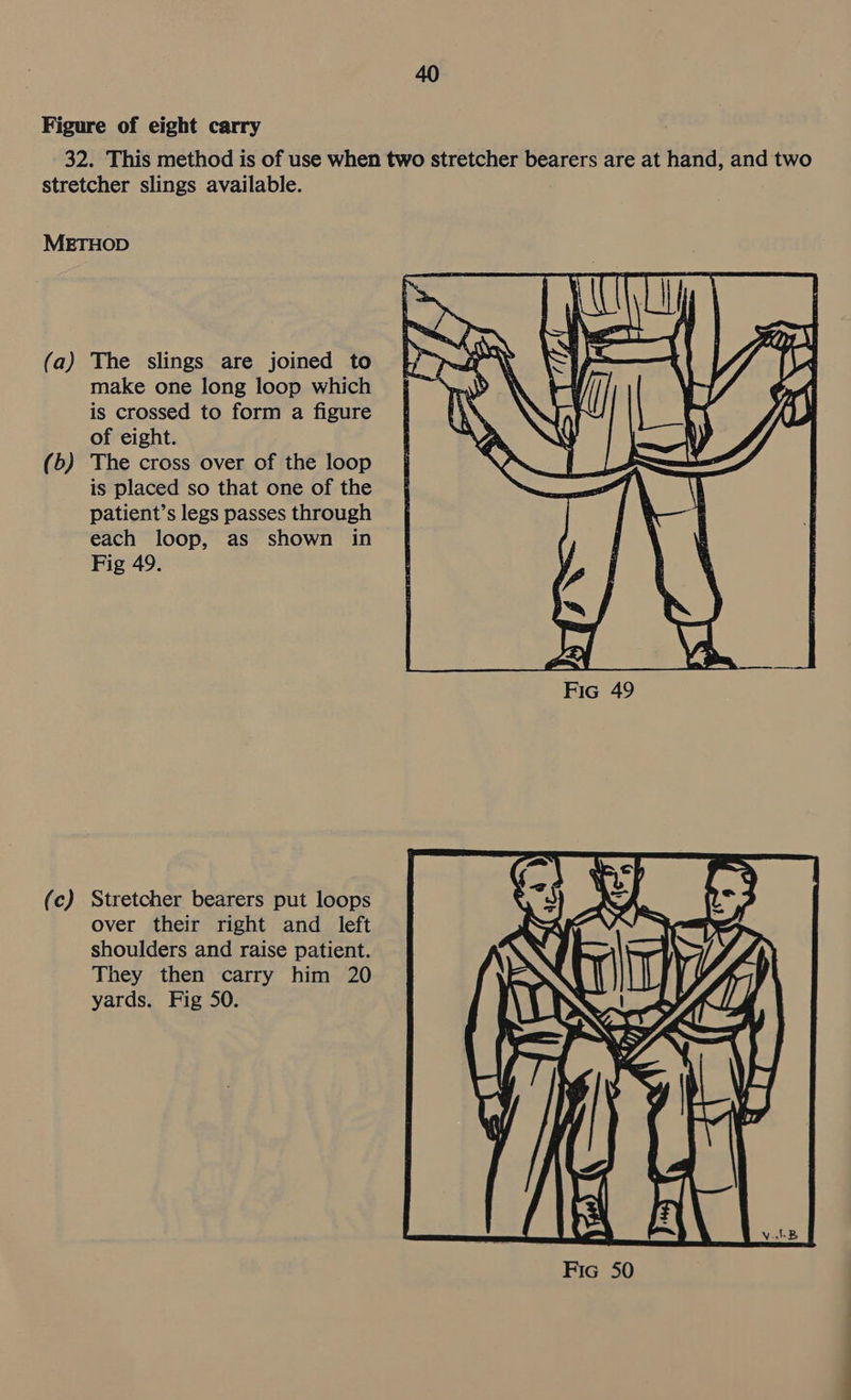 Figure of eight carry 32. This method is of use when two stretcher bearers are at hand, and two stretcher slings available. METHOD (a) The slings are joined to make one long loop which is crossed to form a figure of eight. (b) The cross over of the loop is placed so that one of the patient’s legs passes through each loop, as shown in Fig 49. over their right and left shoulders and raise patient. They then carry him 20 yards. Fig 50. 