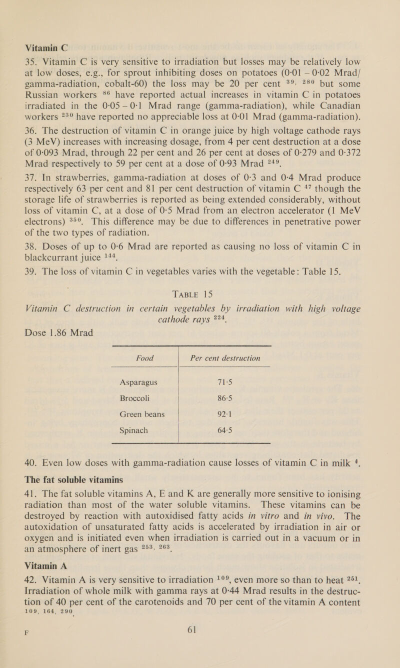 Vitamin C 35. Vitamin C is very sensitive to irradiation but losses may be relatively low at low doses, e.g., for sprout inhibiting doses on potatoes (0-01 — 0-02 Mrad/ gamma-radiation, cobalt-60) the loss may be 20 per cent °° 78° but some Russian workers 8* have reported actual increases in vitamin C in potatoes irradiated in the 0-:05—0-1 Mrad range (gamma-radiation), while Canadian workers 78° have reported no appreciable loss at 0-01 Mrad (gamma-radiation). 36. The destruction of vitamin C in orange juice by high voltage cathode rays (3 MeV) increases with increasing dosage, from 4 per cent destruction at a dose of 0-093 Mrad, through 22 per cent and 26 per cent at doses of 0-279 and 0-372 Mrad respectively to 59 per cent at a dose of 0-93 Mrad 24°. 37. In strawberries, gamma-radiation at doses of 0-3 and 0-4 Mrad produce respectively 63 per cent and 81 per cent destruction of vitamin C 4” though the storage life of strawberries is reported as being extended considerably, without loss of vitamin C, at a dose of 0-5 Mrad from an electron accelerator (1 MeV electrons) *°°, This difference may be due to differences in penetrative power of the two types of radiation. 38. Doses of up to 0-6 Mrad are reported as causing no loss of vitamin C in blackcurrant juice 144, 39. The loss of vitamin C in vegetables varies with the vegetable: Table 15. TABLE 15 Vitamin C destruction in certain vegetables by irradiation with high voltage cathode rays ***, Dose 1.86 Mrad Ce a i eA UE RE Food Per cent destruction Asparagus TES Broccoli 86:5 Green beans 92-1 Spinach 64:5  40. Even low doses with gamma-radiation cause losses of vitamin C in milk 4. The fat soluble vitamins 41. The fat soluble vitamins A, E and K are generally more sensitive to ionising radiation than most of the water soluble vitamins. These vitamins can be destroyed by reaction with autoxidised fatty acids in vitro and in vivo. The autoxidation of unsaturated fatty acids is accelerated by irradiation in air or oxygen and is initiated even when irradiation is carried out in a vacuum or in an atmosphere of inert gas 7°. 2°, Vitamin A 42. Vitamin A is very sensitive to irradiation 1°, even more so than to heat 251, Irradiation of whole milk with gamma rays at 0-44 Mrad results in the destruc- tion of 40 per cent of the carotenoids and 70 per cent of the vitamin A content 109, 164, 290