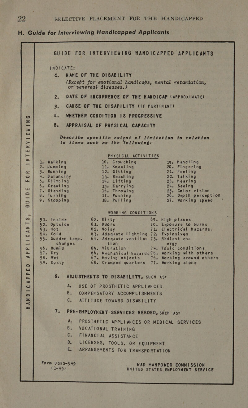 H. Guide for Interviewing Handicapped Applicants GUIDE FOR INTERVIEWING HANDICAPPED APPLICANTS INDICATE: 4. NAME OF THE DISABILITY (Except for emotional handicaps, mental retardation, or venereal diseases.) DATE OF INCURRENCE OF THE HANDICAP (APPROXIMATE) CAUSE OF THE DISAPILITY (IF PERTINENT) WHETHER CONDITION IS PROGRESSIVE APPRAISAL OF PHYSICAL CAPACITY Describe specific extent of limitation in relation to items such as the following: PHYSICAL ACTIVITIES a Walking 10. Crouching Handling Jumping ll. Kneeling Fingering Running 12. Sitting Feeling Bal ancin¢ 13- Reaching Talking Climbing 14. Lifting Hearing Crawling 15. Carrying Seelng Standing 16. Throwing Color vision Turning 17. Pushing Depth perception Stooping 18. Pulling Working speed INTERVIEWING GUIDE FOR WORKING CONDITIONS Inside 60. Dirty 69. High places Outside 61. Odors 70. Exposure to burns Hot 62. Noisy 71. Electrical hazards, Cold 63. Adequate Iighting 72. Explosives Sudden temp. 64. Adequate ventila= 73. Radiant en- changes tion ergy Humid 65. Vibration 74. Toxic conditions Dry 66. Mechanical hazards75. Working with others Wet 67., Moving objects 76. Working around others Dusty 68. Cramped quarters 77. Working alone 6. ADJUSTMENTS TO DISABILITY, sucH As: Ae USE OF PROSTHETIC APPLIANCES B. COMPENSATORY ACCOMPLISHMENTS C. ATTITUDE TOWARD DISABILITY PRE-EMPLOYMENT SERVICES NEEDED, sucH As: A. PROSTHETIC APPLIANCES OR MEDICAL SERVICES B. VOCATIONAL TRAINING - FINANCIAL ASSISTANCE D. LICENSES, TOOLS, OR EQUIPMENT ARRANGEMENTS FOR TRANSPORTATION Form USES-545 WAR MANPOWER COMMISSION (1-45) UNITED STATES EMPLOYMENT SERVICE 