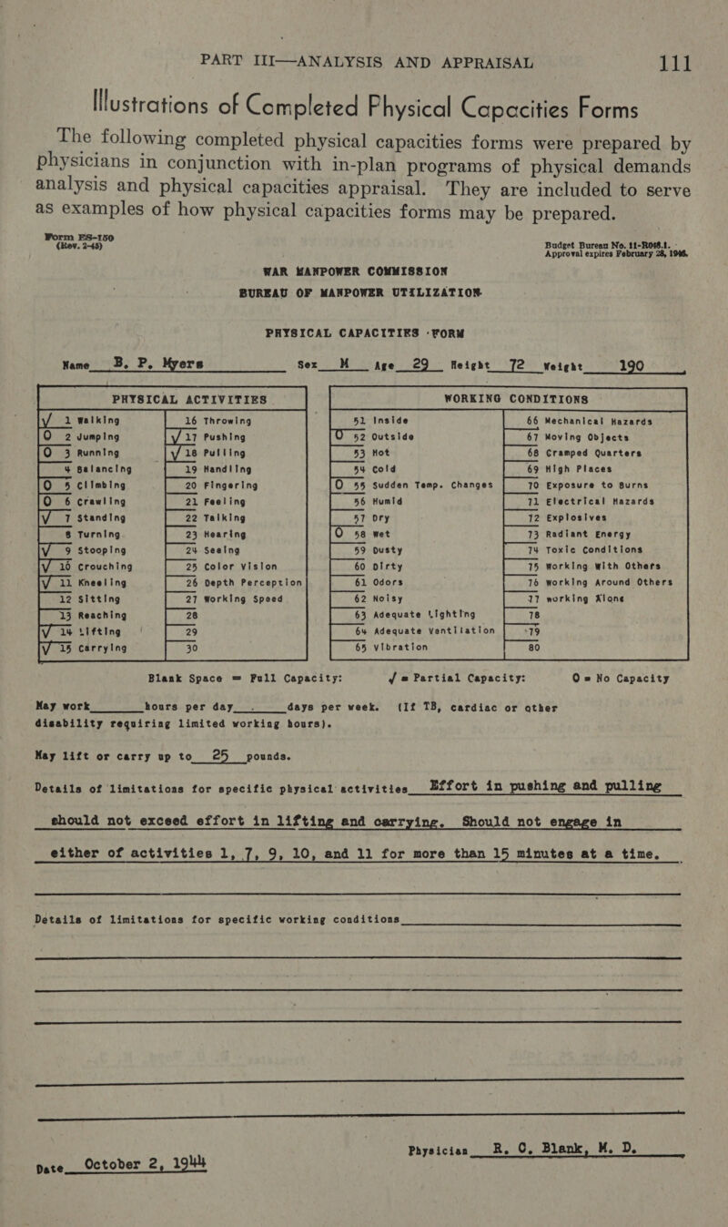 [llustrations of Completed Physical Capacities Forms The following completed physical capacities forms were prepared by physicians in conjunction with in-plan programs of physical demands analysis and physical capacities appraisal. They are included to serve as examples of how physical capacities forms may be prepared. Form ES-150 (Rev. 2-45) Budget Burean No. 21-R046.1. - Approval expires February 28, 1946, WAR MANPOWER COMMISSION BUREAU OF MANPOWER UTILIZATION PHYSICAL CAPACITIES -fORM Name 3, P, ers Ssex__M_ age 29 Height 72 weight 190 PHYSICAL ACTIVITIES WORKING CONDITIONS 16 66 Walking 51 Inside Mechanical Hazards Jumping Pushing Outside 67 Moving Objects Running Pulling Hot Cramped Quarters Balancing : Handling cold High Places Climbing Fingering Sudden Temp. Changes Crawling Feeling Humid Standing Talking ory Turning Hearing Wet    Throwing            Exposure to Burns Electrical Hazards        Explosives   Radiant Energy       Stooping Seetng Ousty Toxic Conditions 0 Crouching Color viston Dirty working with Others Kneeling Depth Perception Odors Working Around Others Sitting Working Speed Noisy working Alone Reaching Adequate “ightIng Lifting Adequate Ventilation carrying vibration Blank Space = Full Capacity: f = Partial Capacity: O = No Capacity May work hours per day_. days per week. (If TB, cardiac or qther disability requiring limited working hours). May lift or carry up to 25 pounds. Details of limitations for specific physical activities Mffort in pushing and pulling should not exceed effort in lifting and carrying. Should not engage in either of activities 1, 7, 9, 10, and 11 for more than 15 minutes at a time. _  Details of limitations for specific working conditions    esc een SD  Physician Be C. Blank, M, Dd;