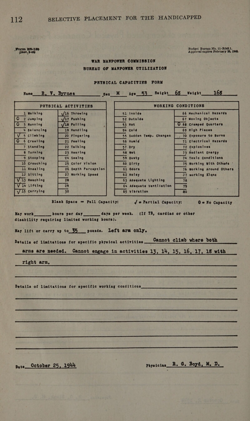 rm. S14 Budget Bureau No. 11-R048.1. pire a Approval expires February 28, 1946. WAR MANPOWER COMMISSION BUREAU OF MANPOWER UTILIZATION PRYSICAL CAPACITIES FORM Name Bo Y, nes Sex M Age__53__ Height 68 Weight 168 Turning Hearing y wet Radiant Energy Stooping Seeing , Dusty Toxic Conditions 0 Crouching Color Vision Dirty working with Othefs ° Kneeling Depth Perception ; Odors working Around Others Sltting Working Speed Nolsy working Klane Reaching Adequate Lighting Lifting Adequate Ventilation Carrytng i vibration  Blaak Space = Full Capacity: df @ Partial Capacity: Oe No Capacity May work hours per day Gays per week. (If TB, cardiac or other disability requiring limited working bours). May lift or carry up to_35 pounds. Left arm only. Details of limitations for specific physical activities Cannot climb where doth arns are needed. 14 16,.1 Cannot engage in activities 1     1 18 with right arn,  Details of limitations for specific working conditions  